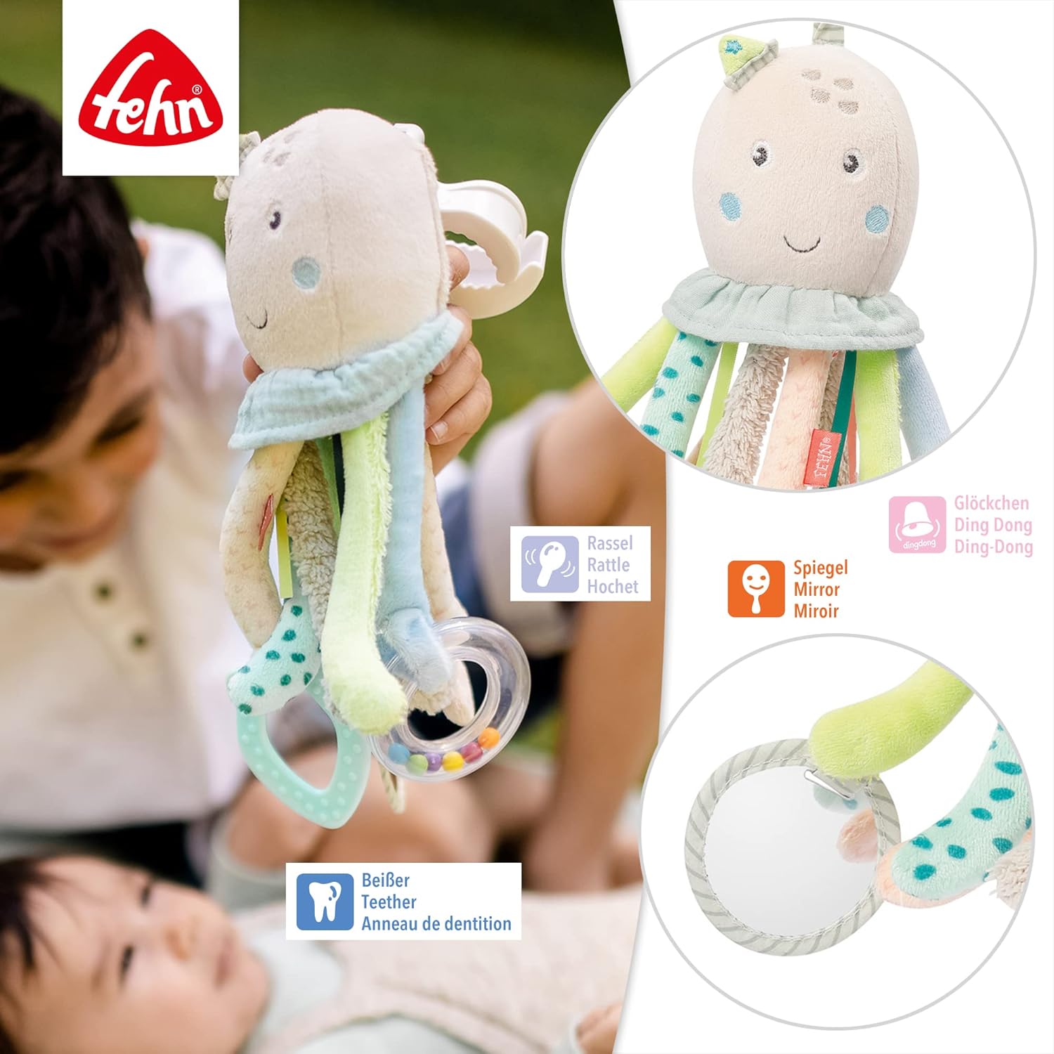 Detalle de Fehn Activity-Spieltier Oktopus – Baby Motorikspielzeug für Kinderwagen, Bett und Babyschale