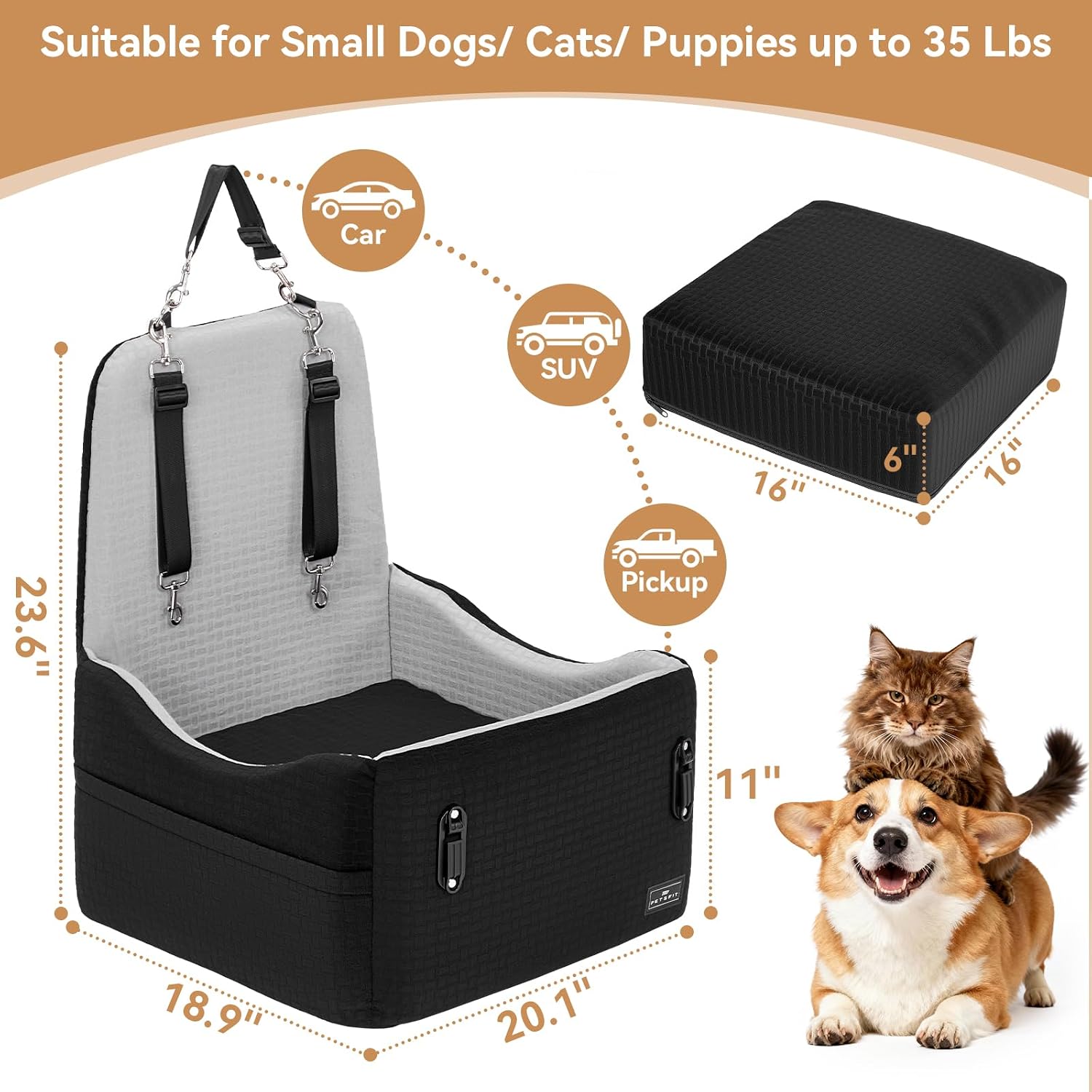 Detalle de PETSFIT Siège Auto pour Chien jusqu’à 15 kg, coussin mémoire de forme 15 cm, housse lavable – Noir & Gris