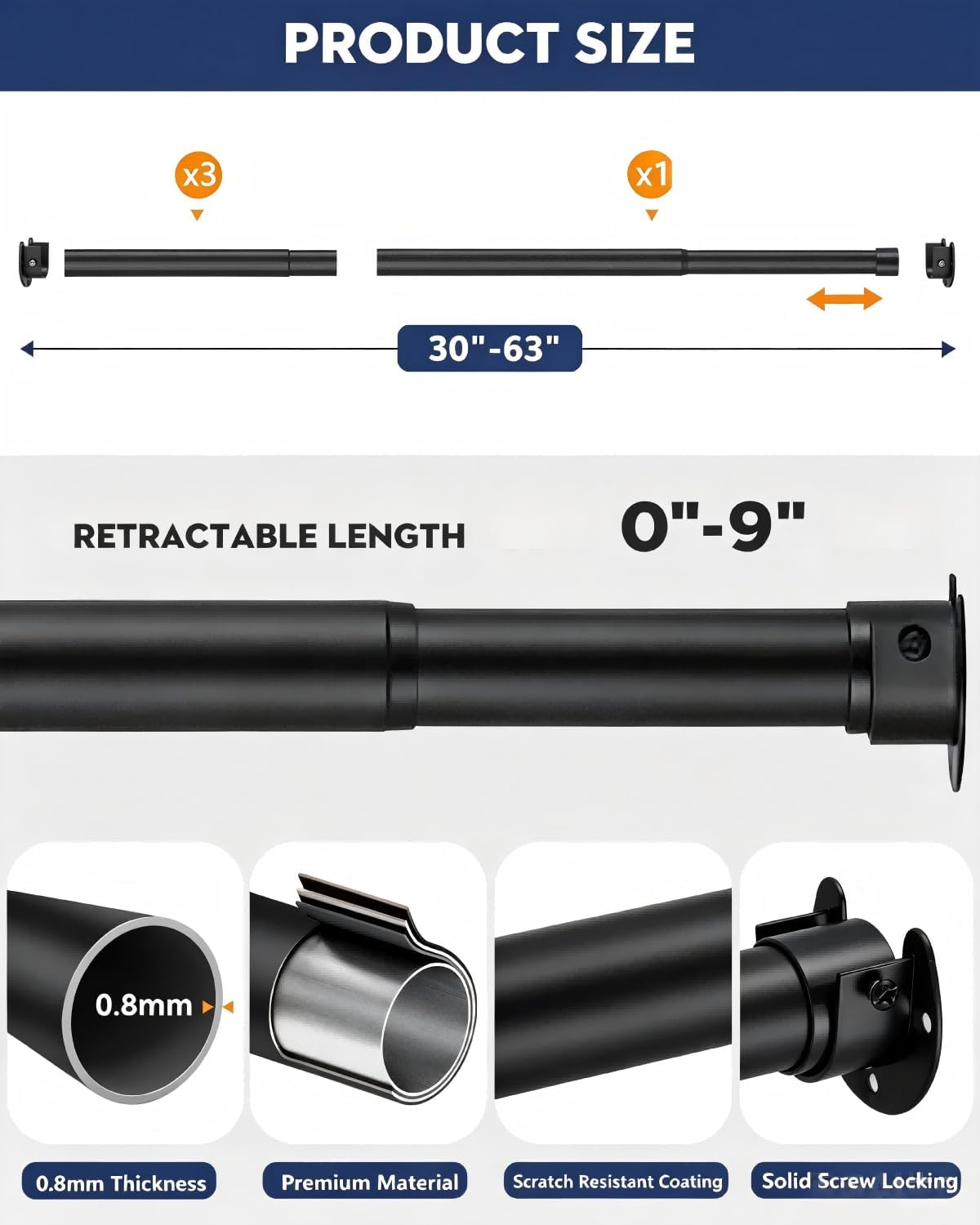 Detalle de ASULUPHY Adjustable Closet Rod, 30–63 in Metal Bar, 70 lb Capacity