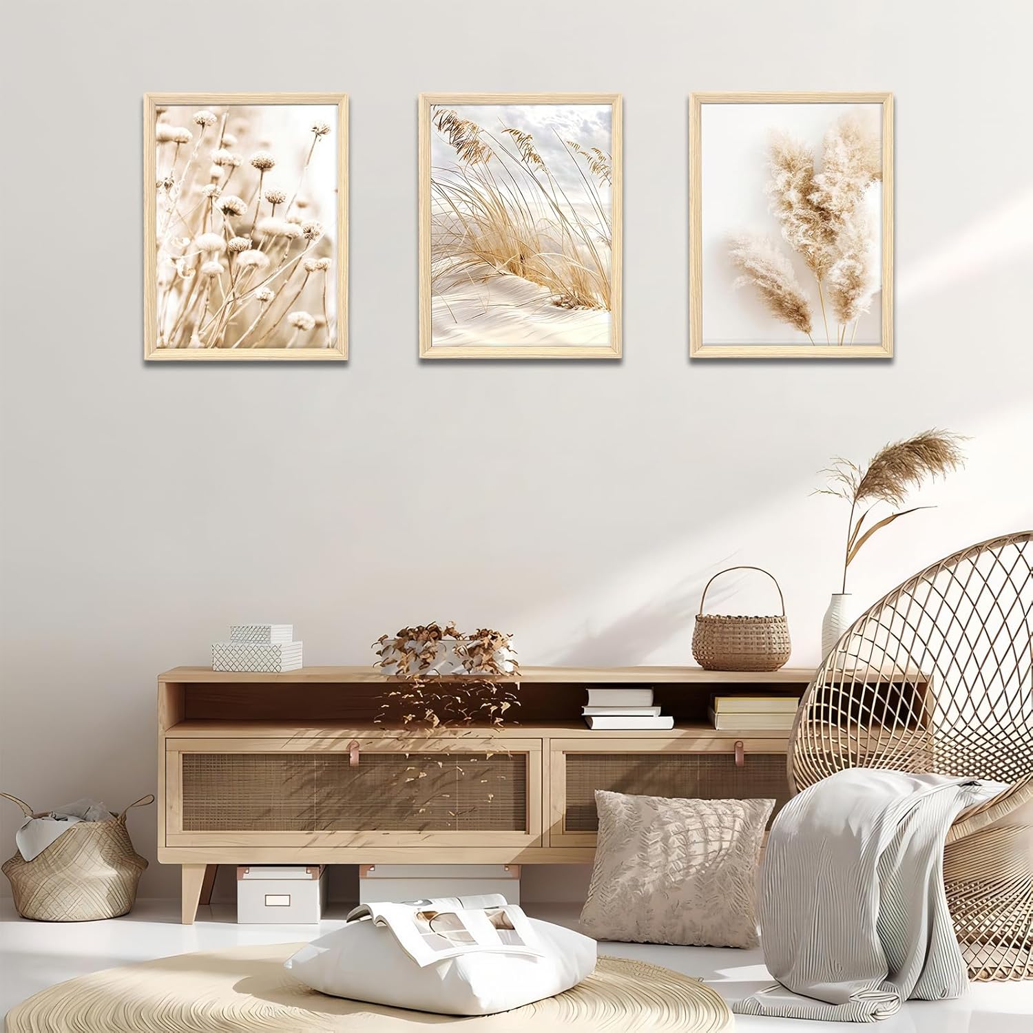 Thumbnail 1 de 3er-Set Leinwandbild Beige Löwenzahn & Pampasgras – Mit Rahmen, 90x40 cm je Panel