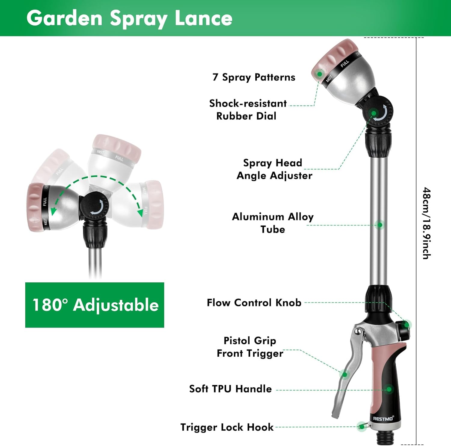 Detalle de RESTMO 48cm Watering Lance: 180° Swivel Head, 7 spray patterns