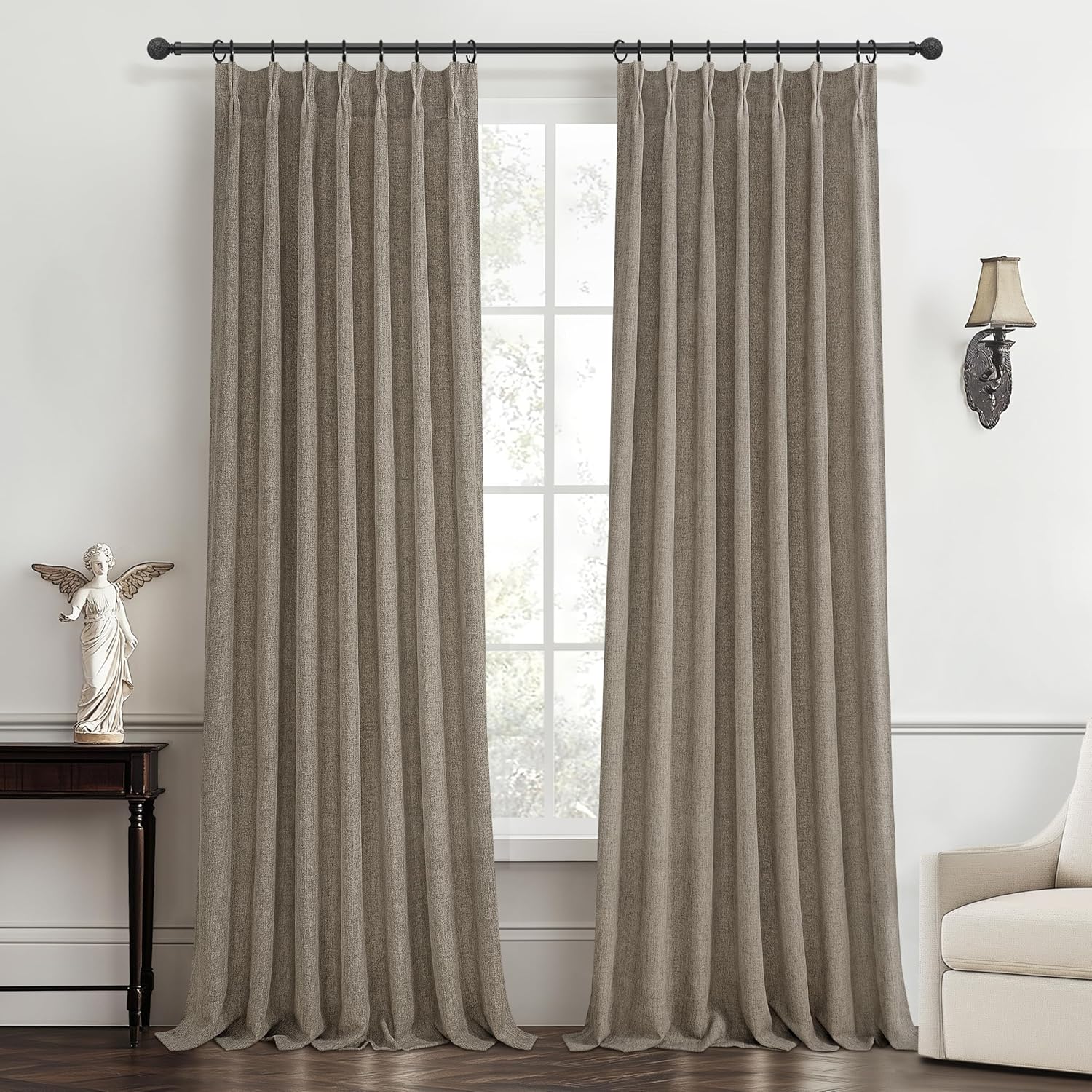 Detalle de Pinch Pleated Dark Flax Privacy Curtains: 105-Inch, 2 Panels, Light Filtering Linen Boho Elegance