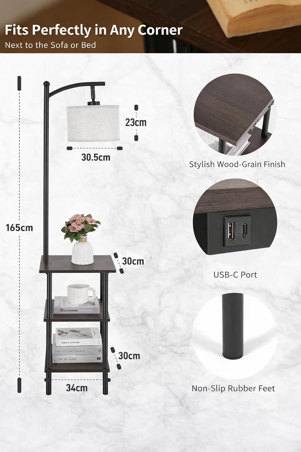 Thumbnail 6 de LuminexDesigns Lampadaire Vintage avec Étagères – Lampe sur Pied en Noyer Rétro, 3 Niveaux et Ports USB-C