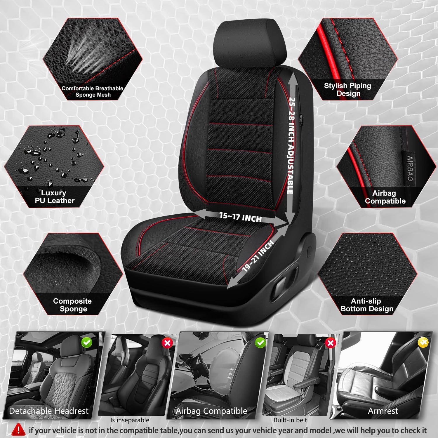 Thumbnail 2 de CAR PASS Mesh Leather Car Seat Covers Full Set (Airbag Compatible) — Black and Red