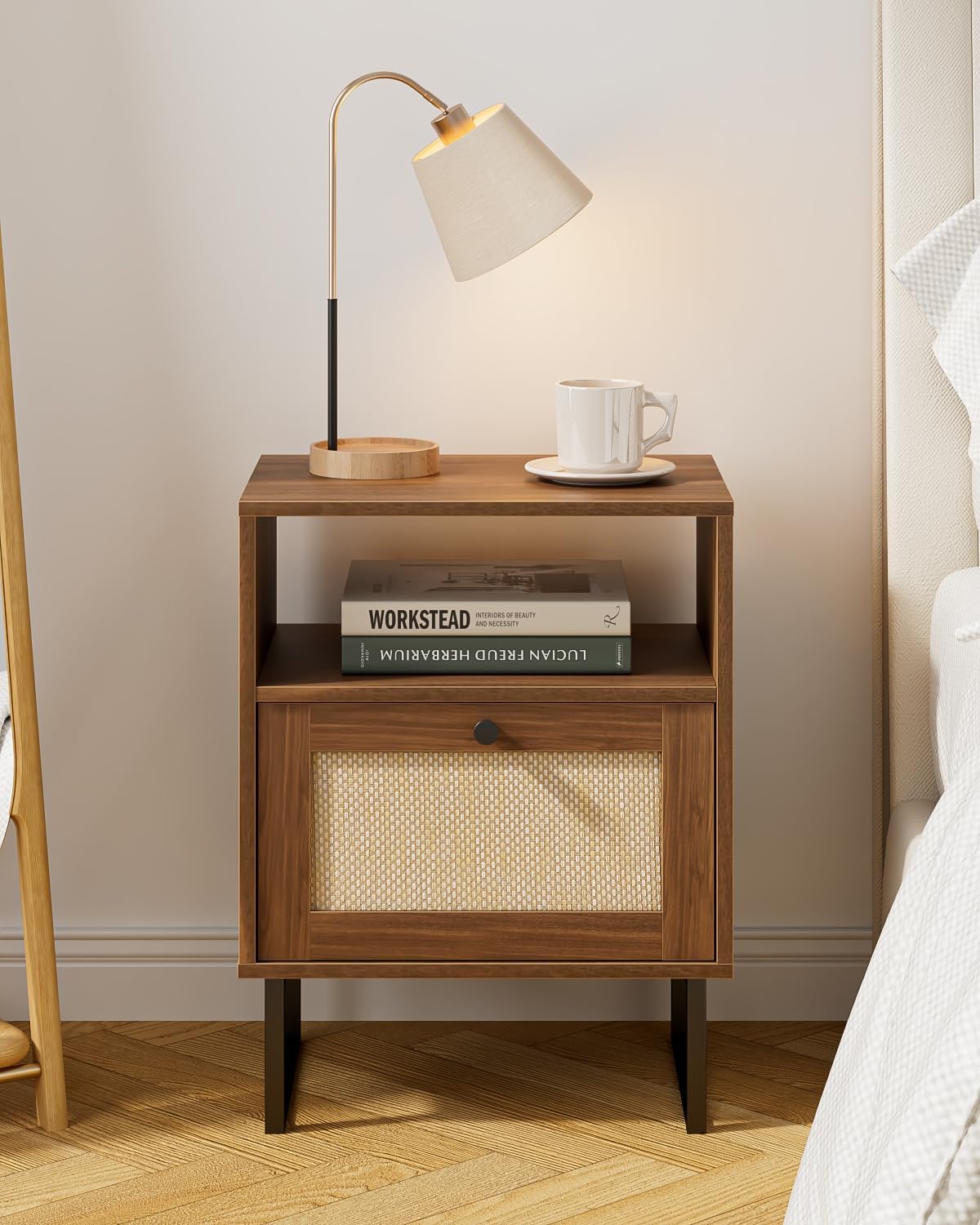 Thumbnail 6 de Masupu Rattan Night Stand, Walnut Brown Bedside Table with Drawer and Shelf