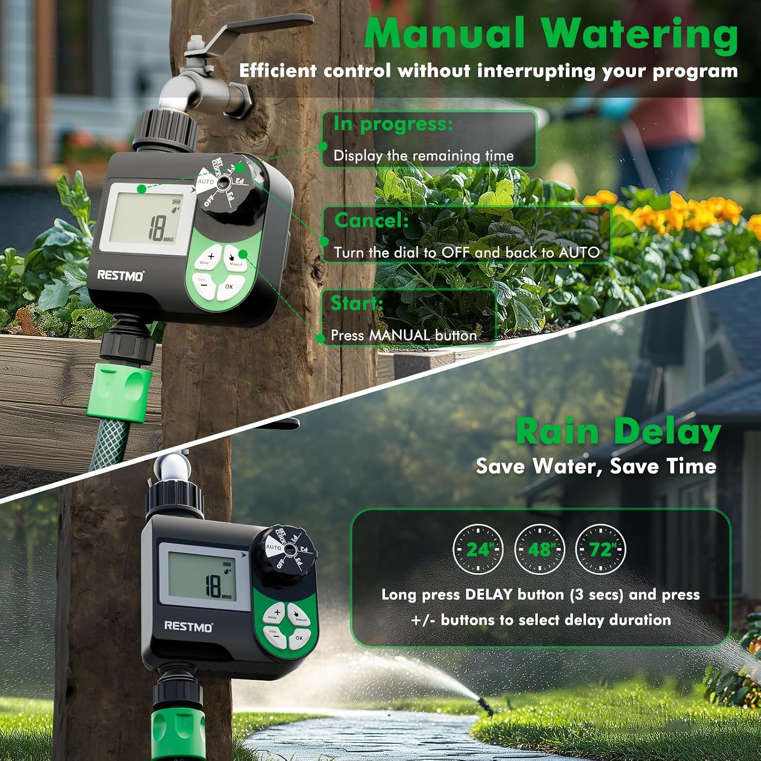 Detalle de RESTMO Water Timer with 3 Separate Programs – 7-Day Programmable Hose Timer for Garden Irrigation