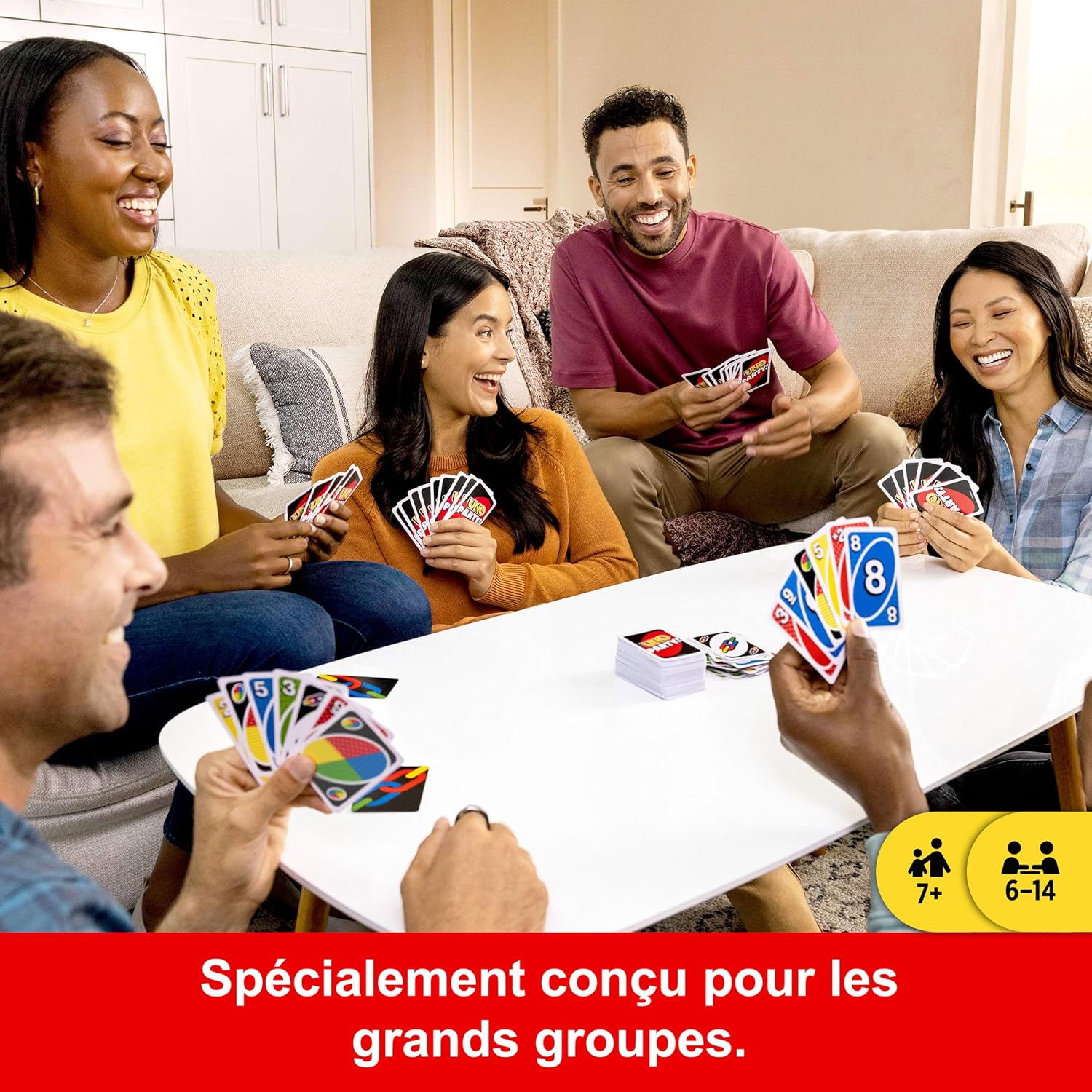 Detalle de Mattel UNO Party – Jeu de Cartes pour 6 à 14 joueurs, règles spéciales pour les grands groupes