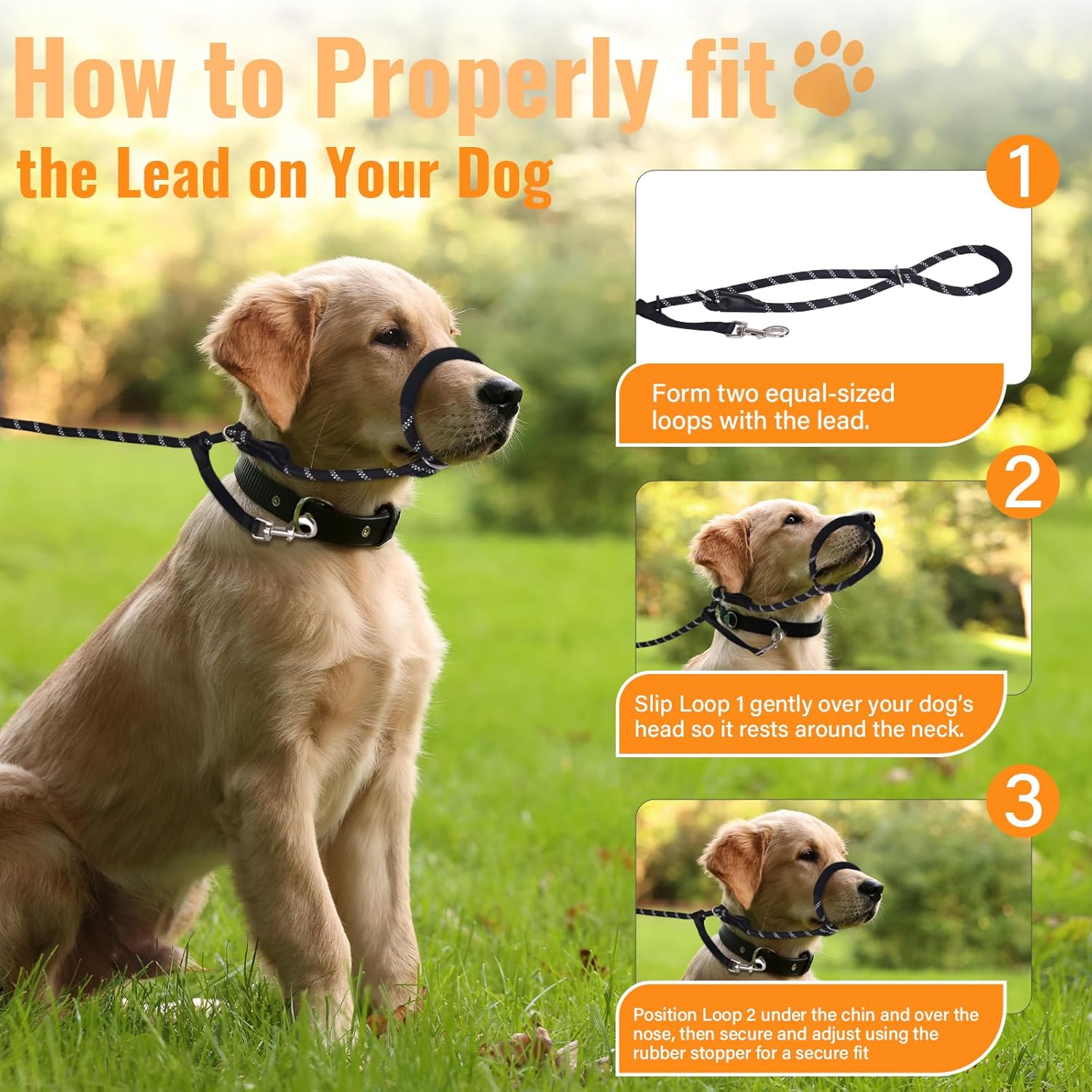 Thumbnail 3 de Loutep Figure of 8 Anti-Pull Dog Lead (187cm) with Soft Padded Nose & Reflective Stitching – Black