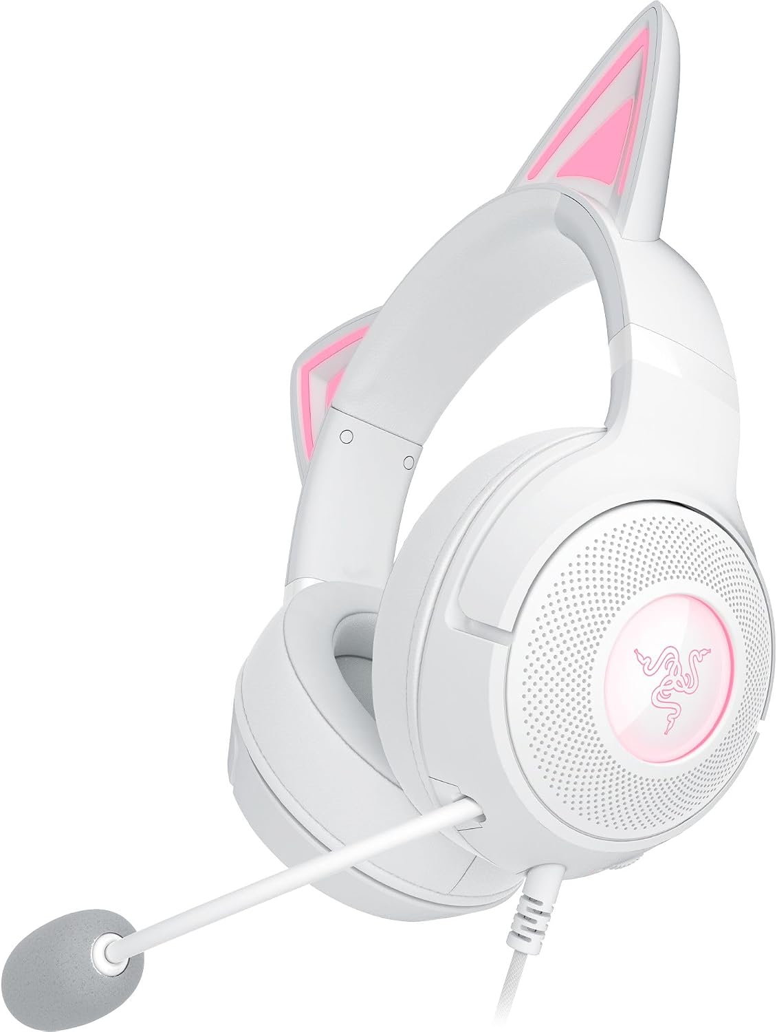 Detalle de Razer Kraken Kitty V2 kabelgebundenes RGB-Gaming-Headset mit Kitty-Ohren, weiß