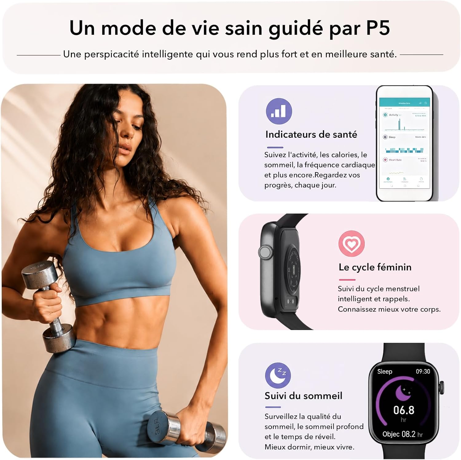 Detalle de AOYBWK Montre Connectée – Écran 1,85'' HD, Appels Bluetooth et Santé pour Android et iOS