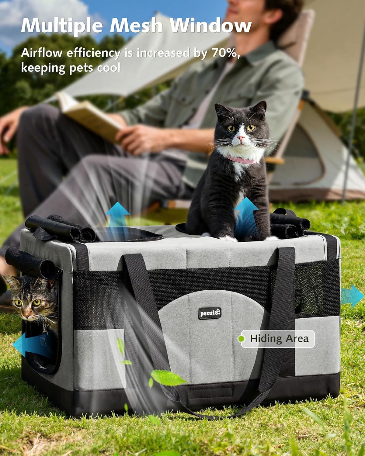 Detalle de Pecute sac de transport pliable pour 2 chats avec cadre ultra stable (gris)