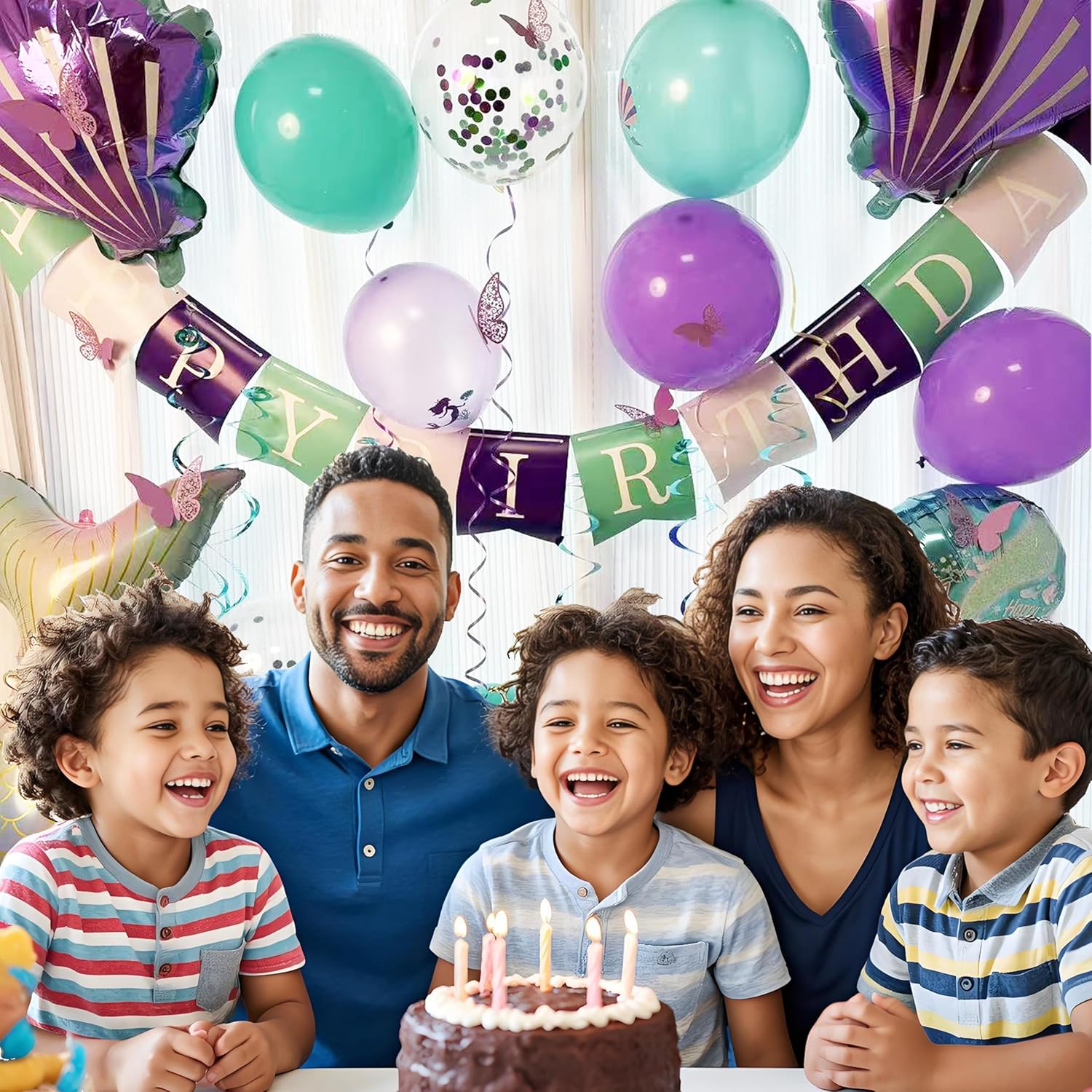 Thumbnail 6 de UOMYLEIR Mermaid Birthday Banner with Balloons ๐