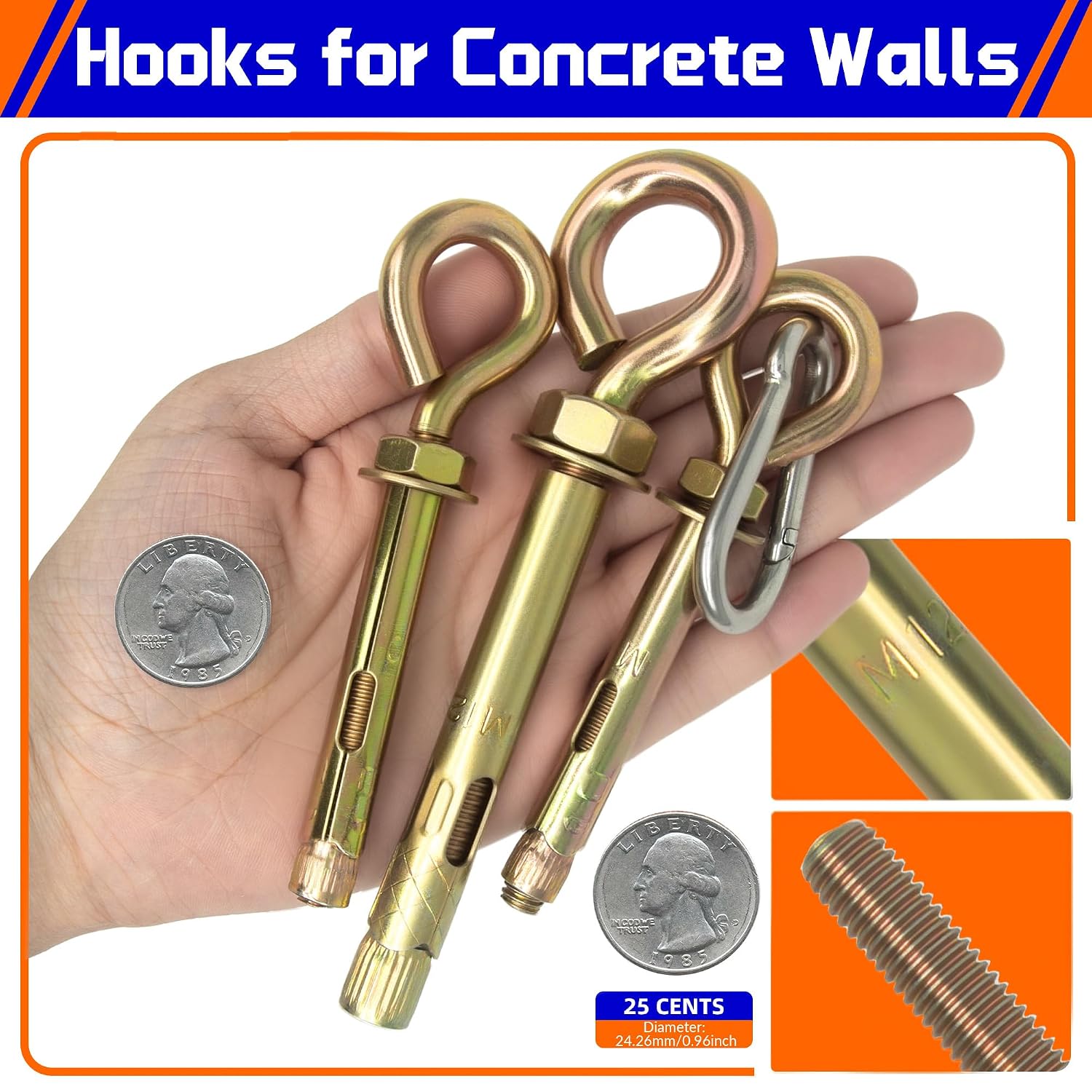 Detalle 2 de NexSync 7D-WCJ4-YHQZ M10 Concrete Eye Bolts with 304 Stainless Steel Snap Hooks