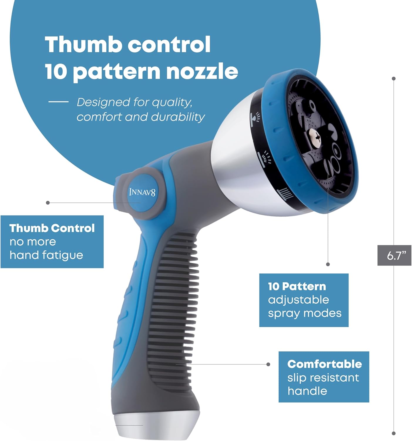 Detalle de INNAV8 Heavy Duty Garden Hose Nozzle with Thumb Control Valve (10 Spray Patterns)