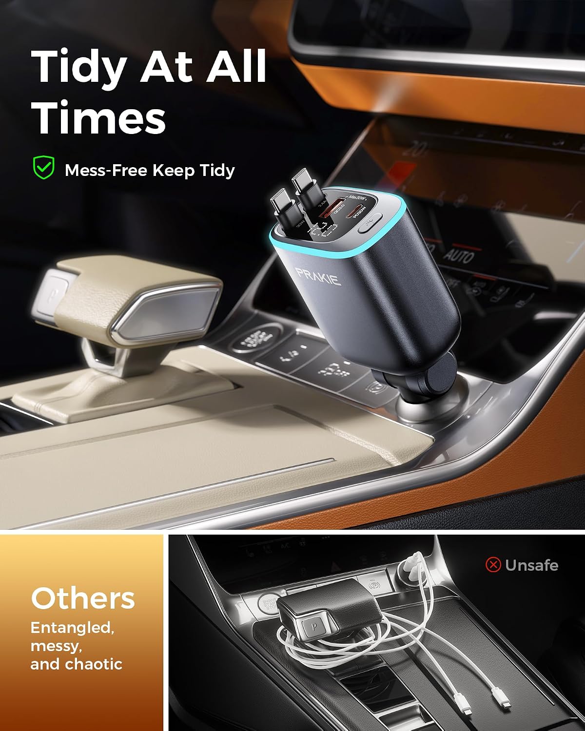 Thumbnail 3 de Retractable 4-in-1 Multi Fast Car Charger with Dual Cables (USB-C & USB-A) – Grey