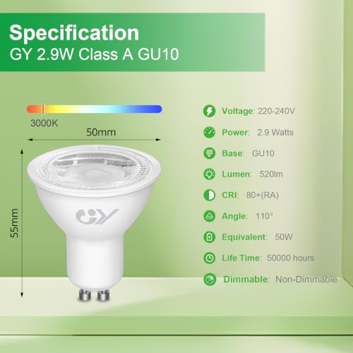 Detalle de GY Ampoules LED GU10 2,9W – équivalent 50W, 520Lm, 3000K, lot de 10