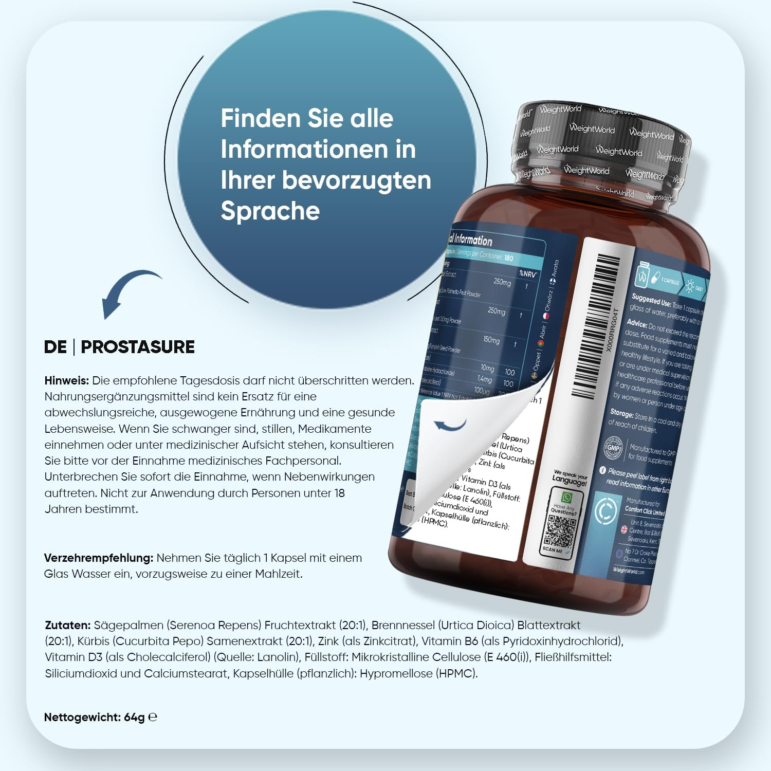 Detalle de Prostata Komplex Kapseln von WeightWorld – 1 Kapsel täglich, 180 Stück (6 Monate)