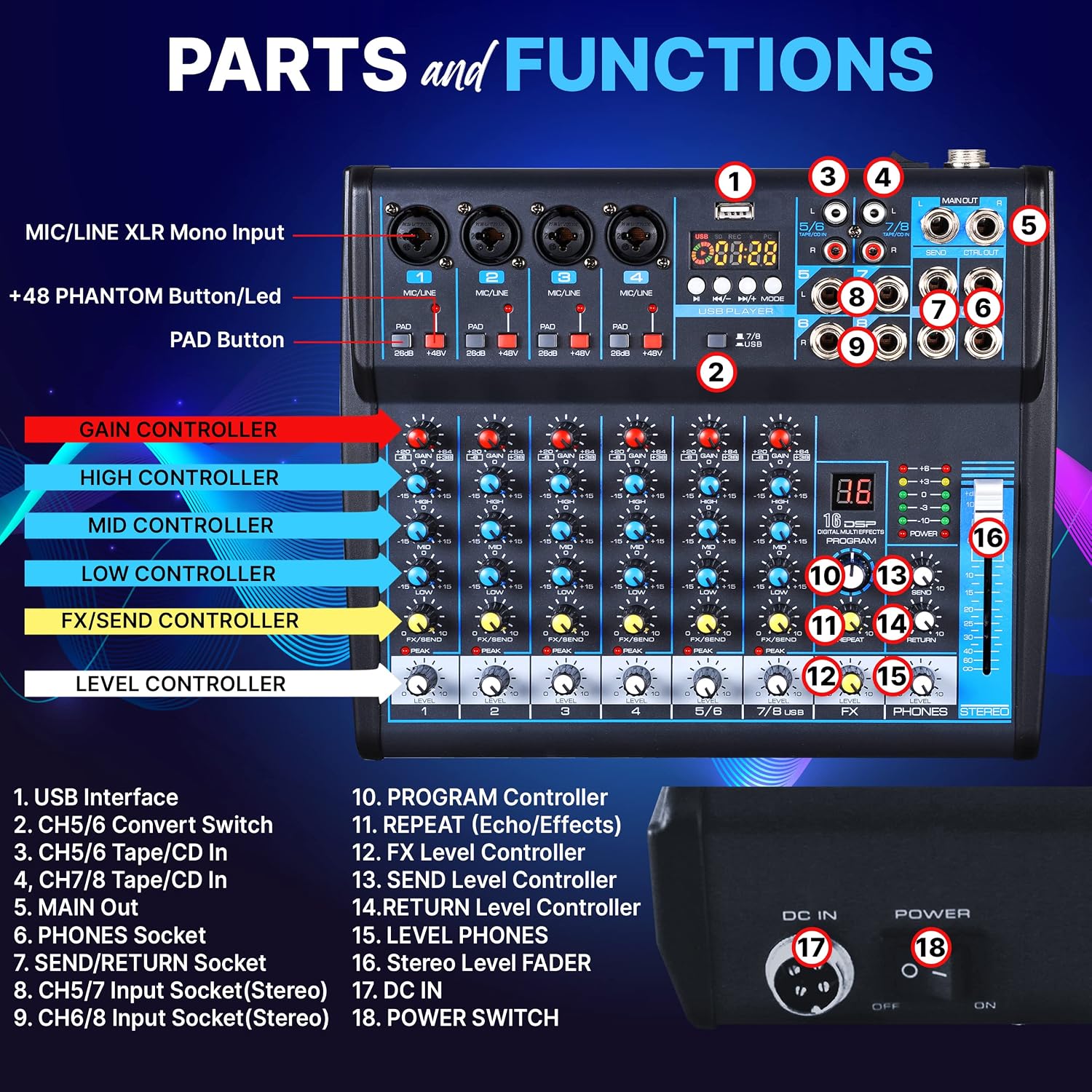Detalle 2 de Pyle PMXU83BT.5 8-Channel Bluetooth Studio Mixer with USB Recording and DSP FX