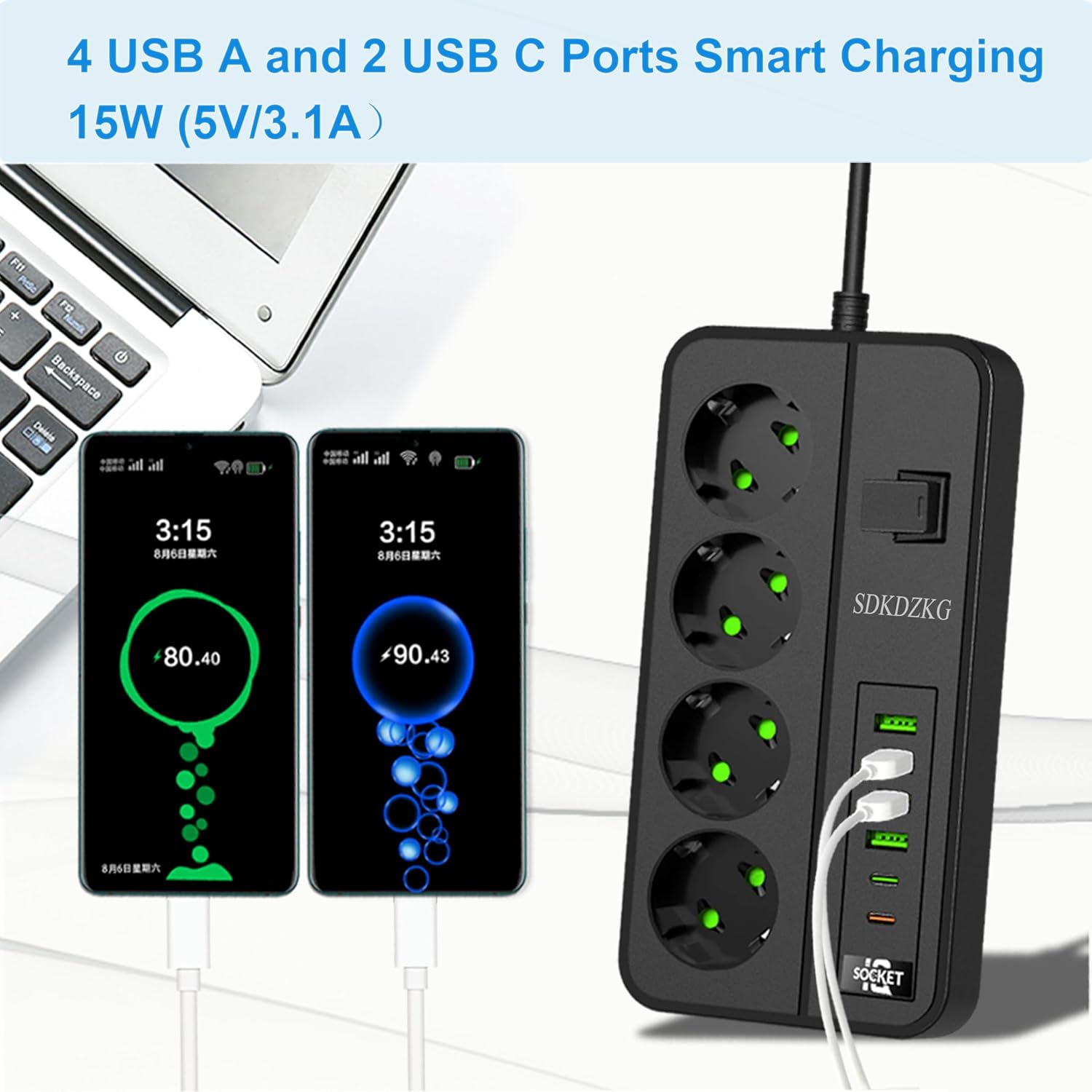 Detalle de SDKDZKG SDK-G13 grenuttag med 4 uttag, 6 USB-portar och 3 m kabel