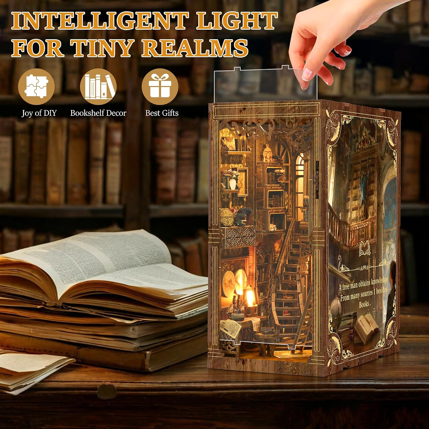 Detalle 2 de LUMYCE Book Nook Kit für Erwachsene: Vintage Holzpuzzle Miniaturhaus mit LED für Bücherregal & Deko