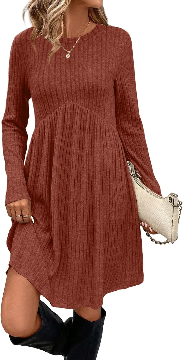 Detalle de OFEEFAN Long Sleeve Dress for Women with Pockets, Crew Neck Empire Waist