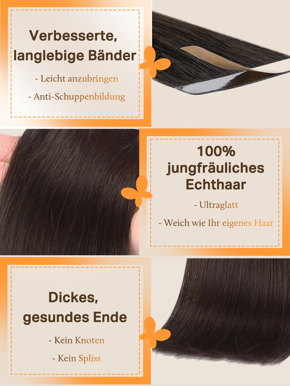 Detalle 2 de DOORES Tape-in Haarverlängerungen REMY Echthaar, 40 cm (16 Zoll), 50 g, 20 Stück – helles Dunkelbraun