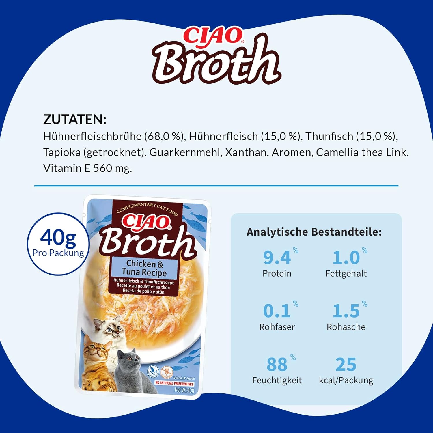 Thumbnail 5 de INABA Ciao Broth Nassfutter für Katzen – getreide- & zuckerfrei, mit 15% Hühnerfleisch und 15% Thunfisch (40 g, 12er Pack)