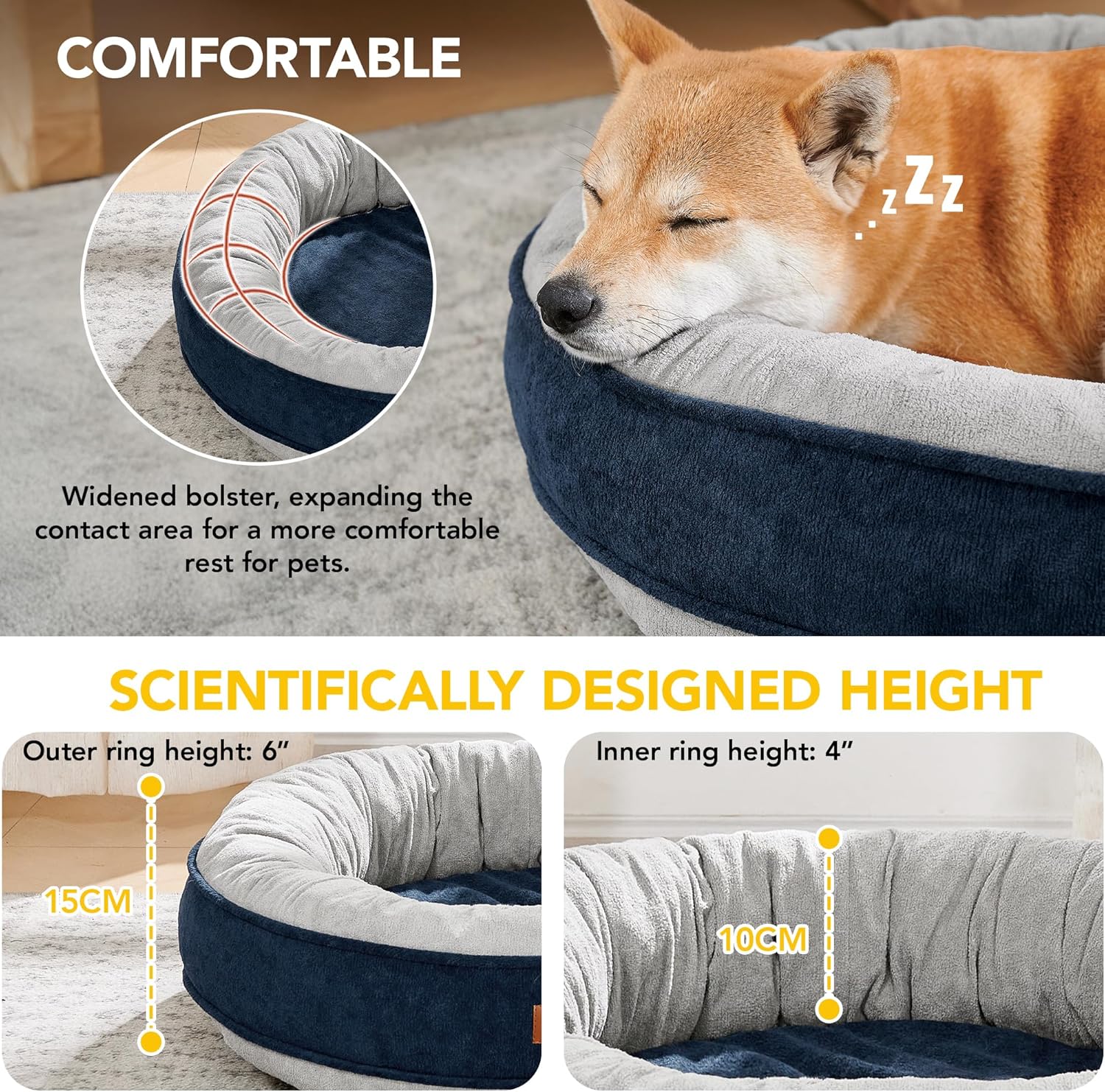 Thumbnail 1 de Deconovo lit orthopédique pour chien 51 x 51 x 15 cm – coussin moelleux bleu marine et gris clair