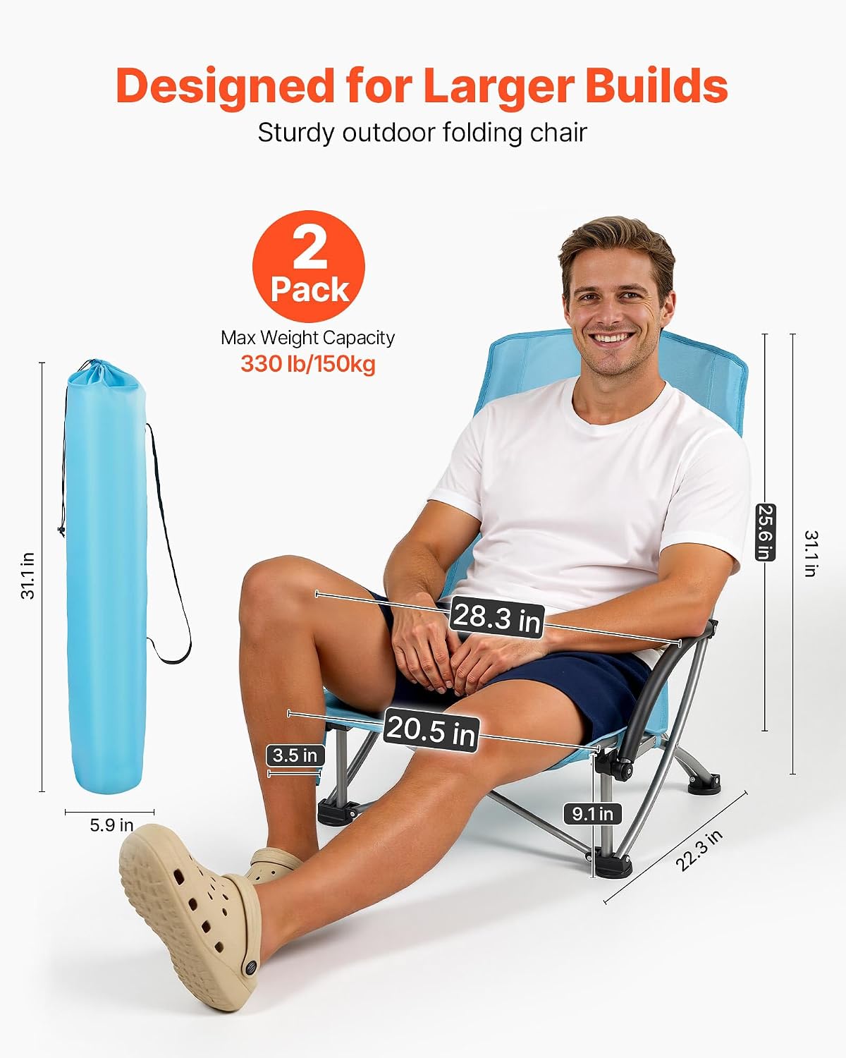 Thumbnail 2 de VEVOR Folding Beach Chair: High Back, Heavy-Duty 330 lbs, 2-Pack (Light Blue)