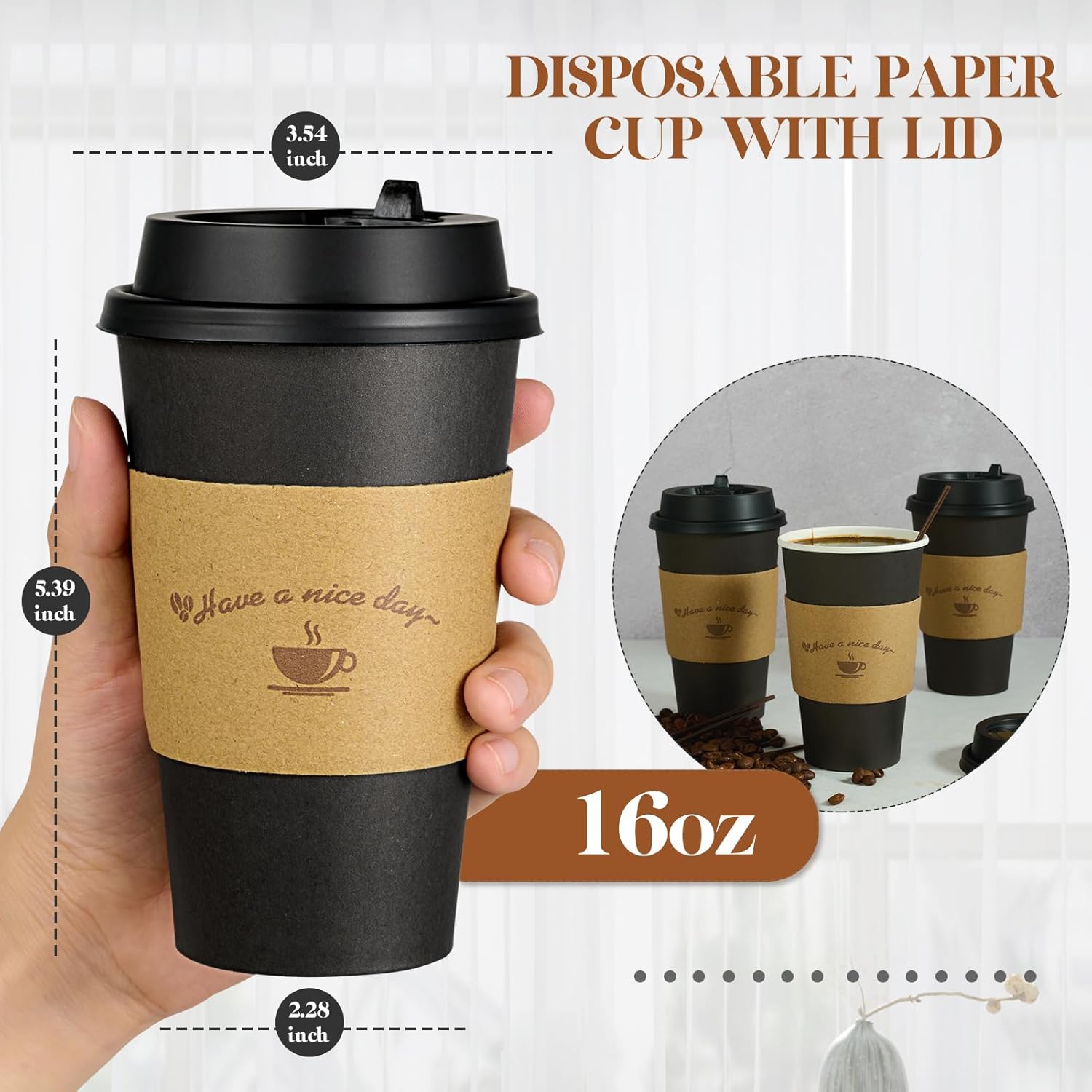 Thumbnail 1 de LITOPAK 100 Pack 16 oz Disposable Paper Coffee Cups with Lids (Black) — Sleeves and Stirring Sticks