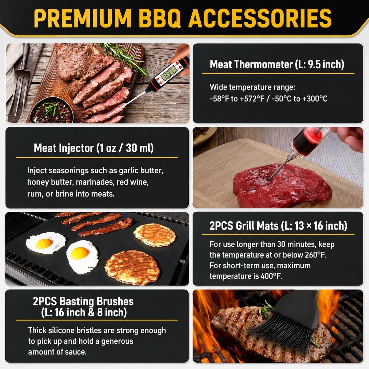 Detalle de TAIMASI BBQ-34 Grill Tool Set, 16-Inch Stainless Steel, Thermometer and Grill Mats