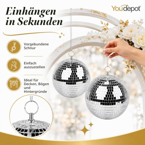 Thumbnail 6 de Youdepot 20 cm Discokugel 2er Set – Große, silberne Spiegelkugeln zum Aufhängen