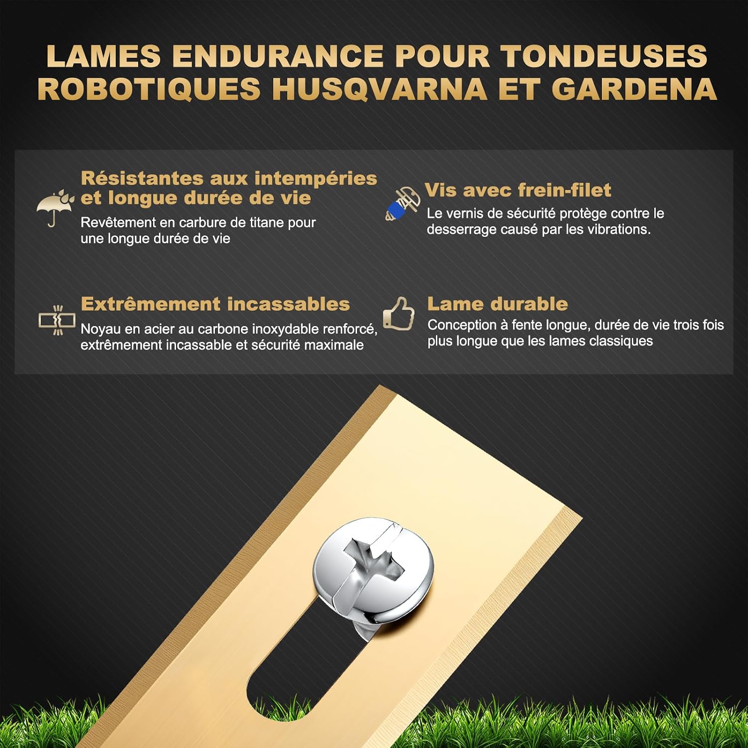 Detalle de FourShow - Lot de 36 lames durables en titane pour robot Husqvarna et Gardena (avec vis et revêtement de sécurité)