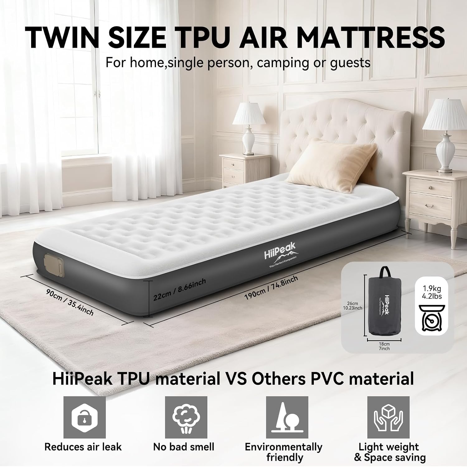 Detalle 2 de HiiPeak Single Inflatable Bed Air Mattress with Built-in Pump (TPU Eco Folding Guest Air Bed)