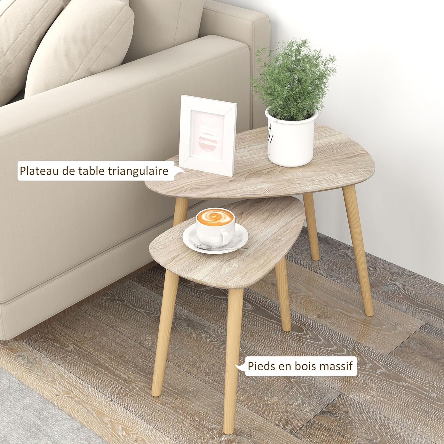 Detalle de HOMCOM lot de 2 tables basses gigognes design scandinave pieds en bois et plateaux en bois