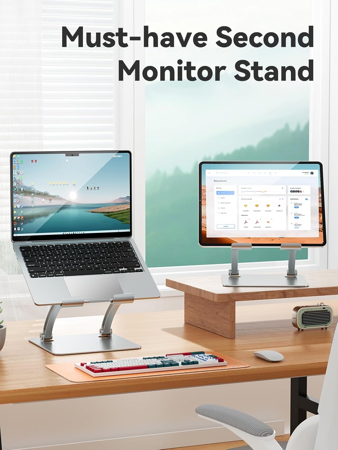 Thumbnail 3 de tounee Tablet Holder Stand (Dual Rod Adjustable Aluminium) for 4.7–16.5" tablets and portable monitors – Silver