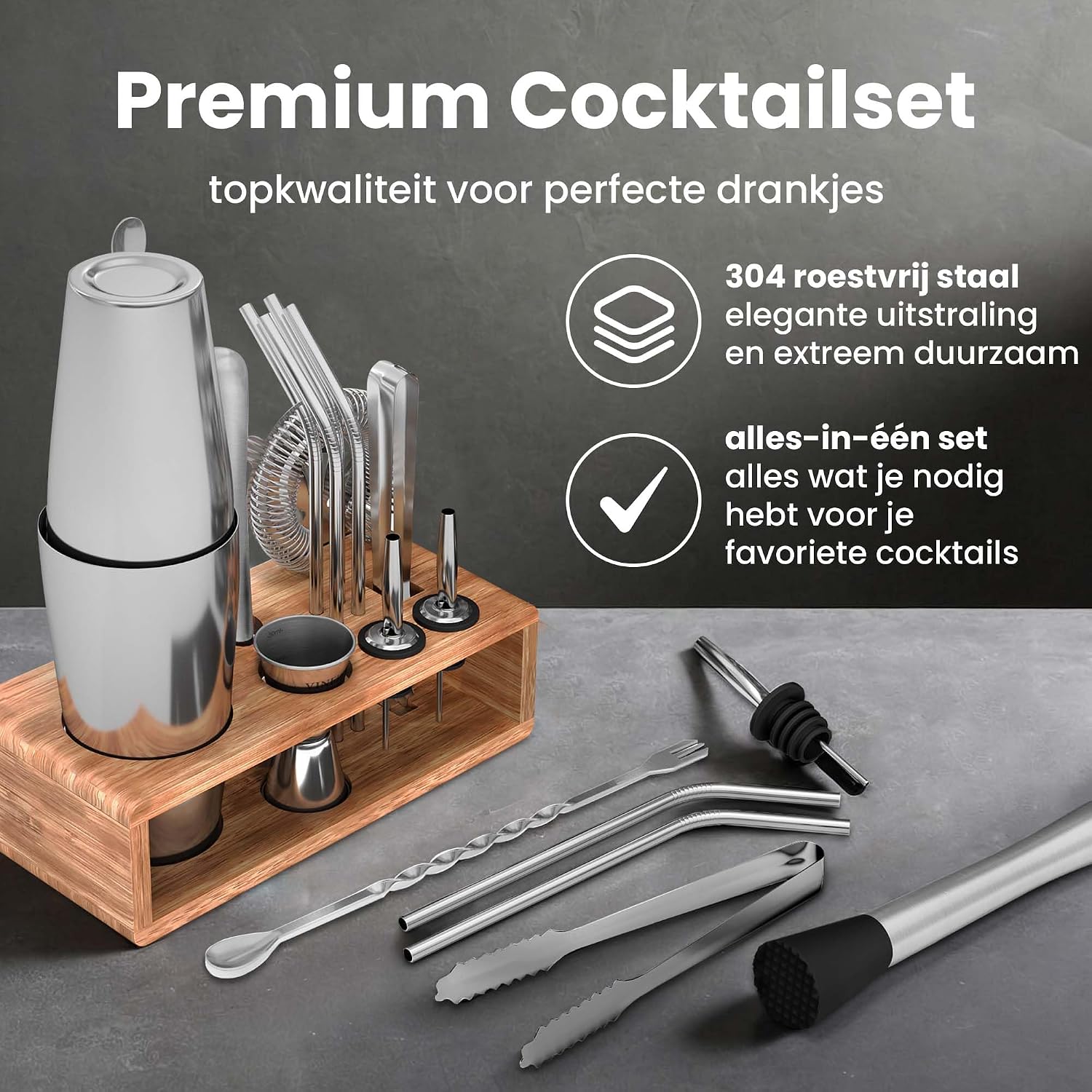 Detalle de Vinenco CS3 Boston cocktailshakerset, 13-delig van RVS met standaard
