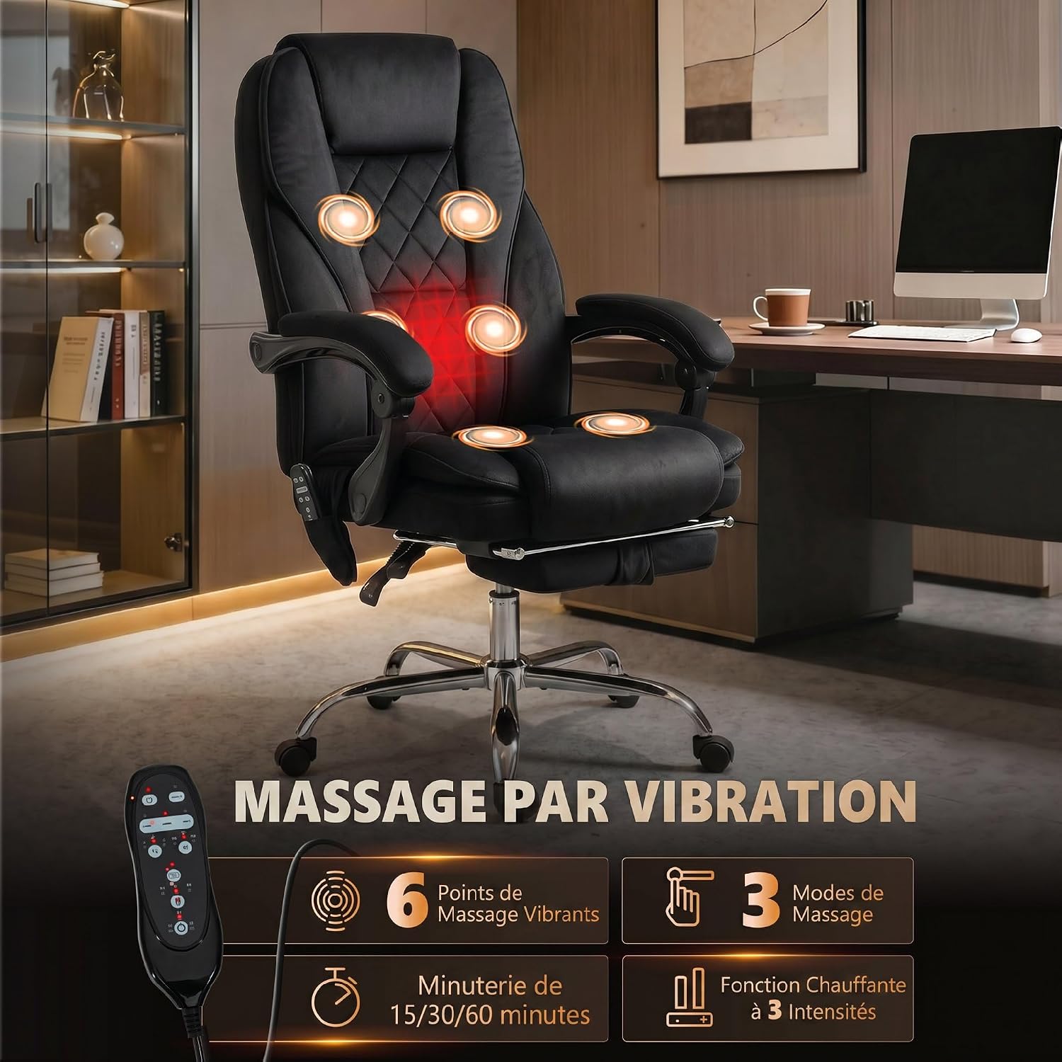 Detalle 2 de Vinsetto Fauteuil de Bureau Massant et Chauffant – Ergonomique, Réglable et Dossier Inclinable