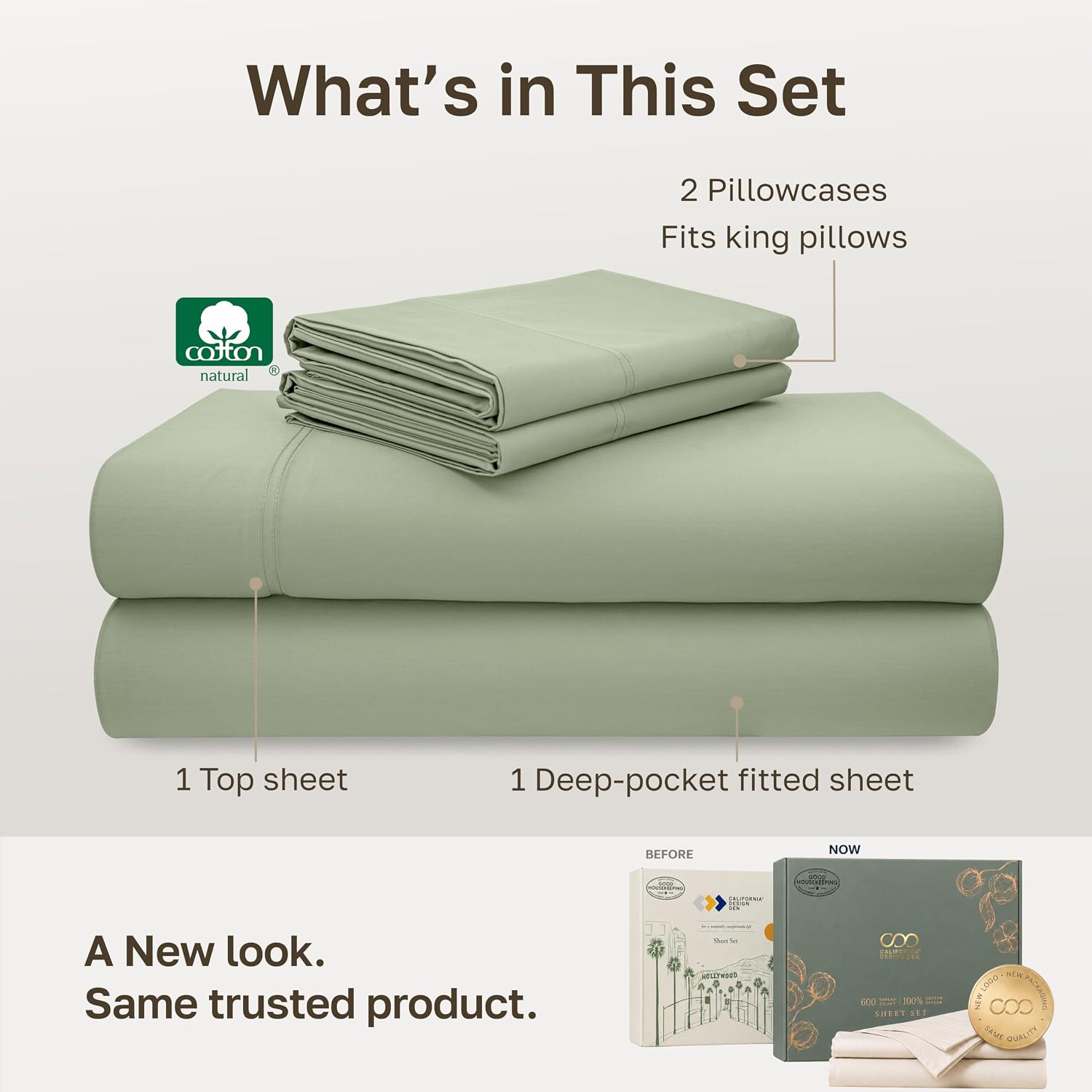 Detalle de California Design Den 600 Thread Count King Sheets, Laurel Green Cotton Sateen