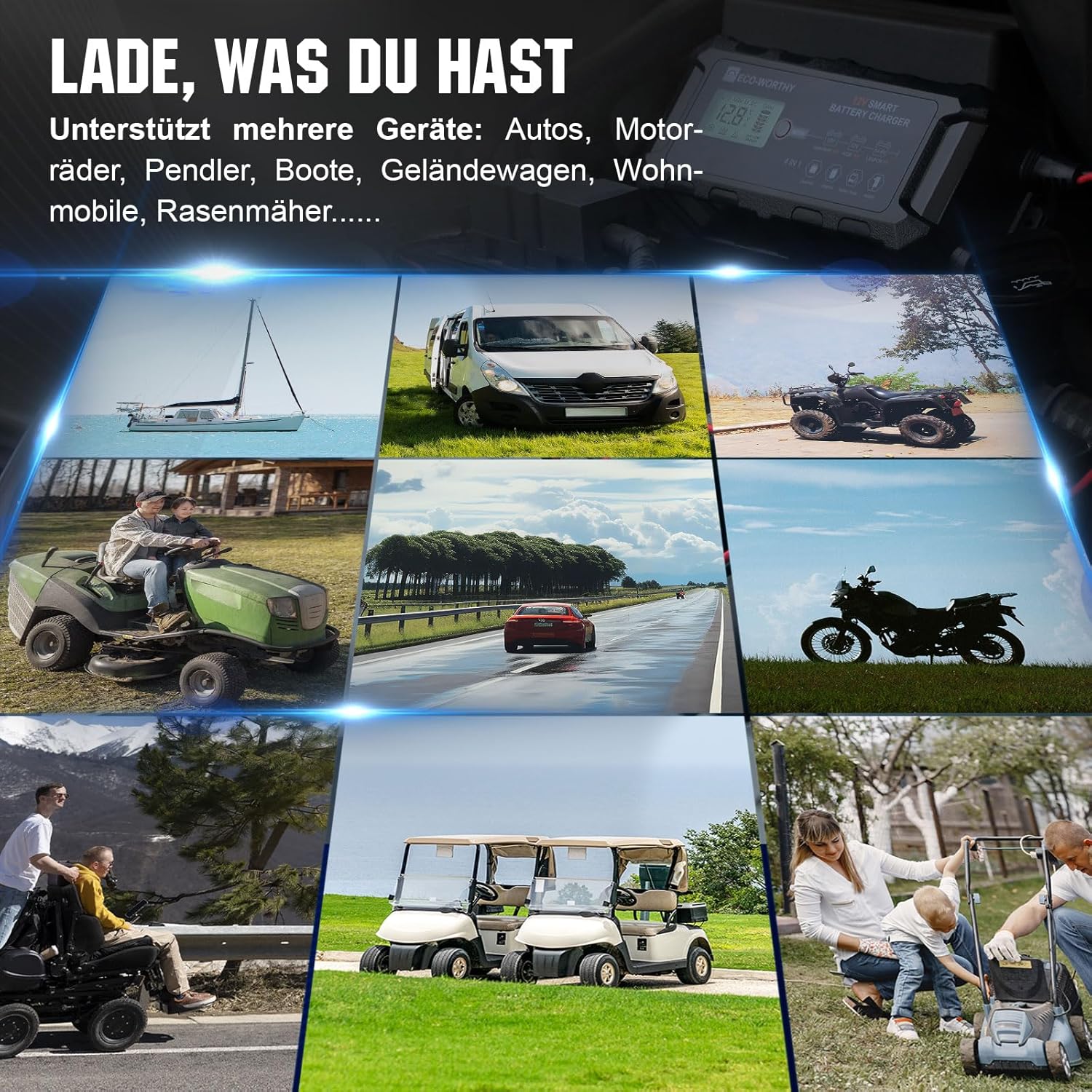 Thumbnail 6 de ECO-WORTHY 10A Autobatterie-Ladegerät für 12 V LiFePO4 & Blei-Säure (Erhaltungslader, Aktivierung)