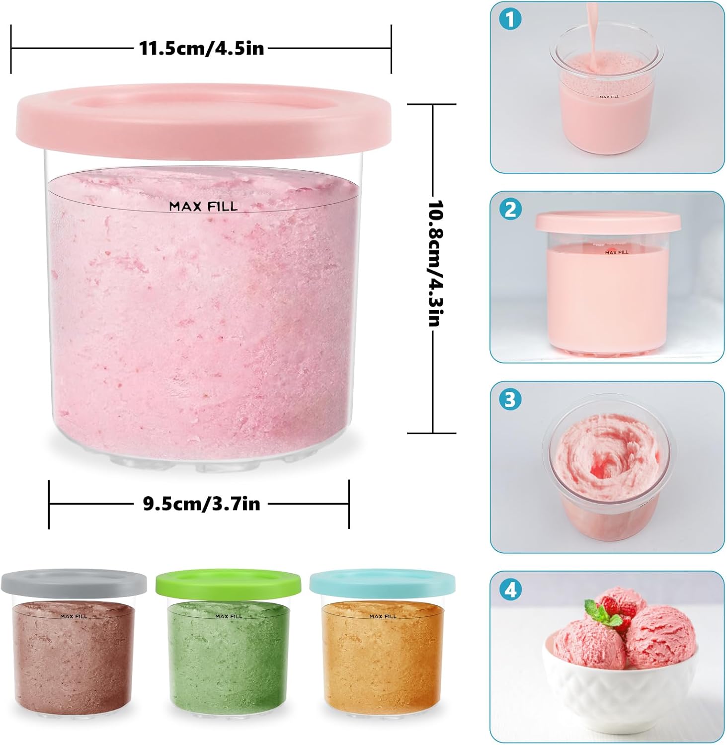 Detalle de Nepfaivy 4-Pack Ice Cream Tubs for Ninja CREAMi (NC300UK/NC299AMZ/NC301) – BPA-Free, Colour-Lid, Dishwasher Safe