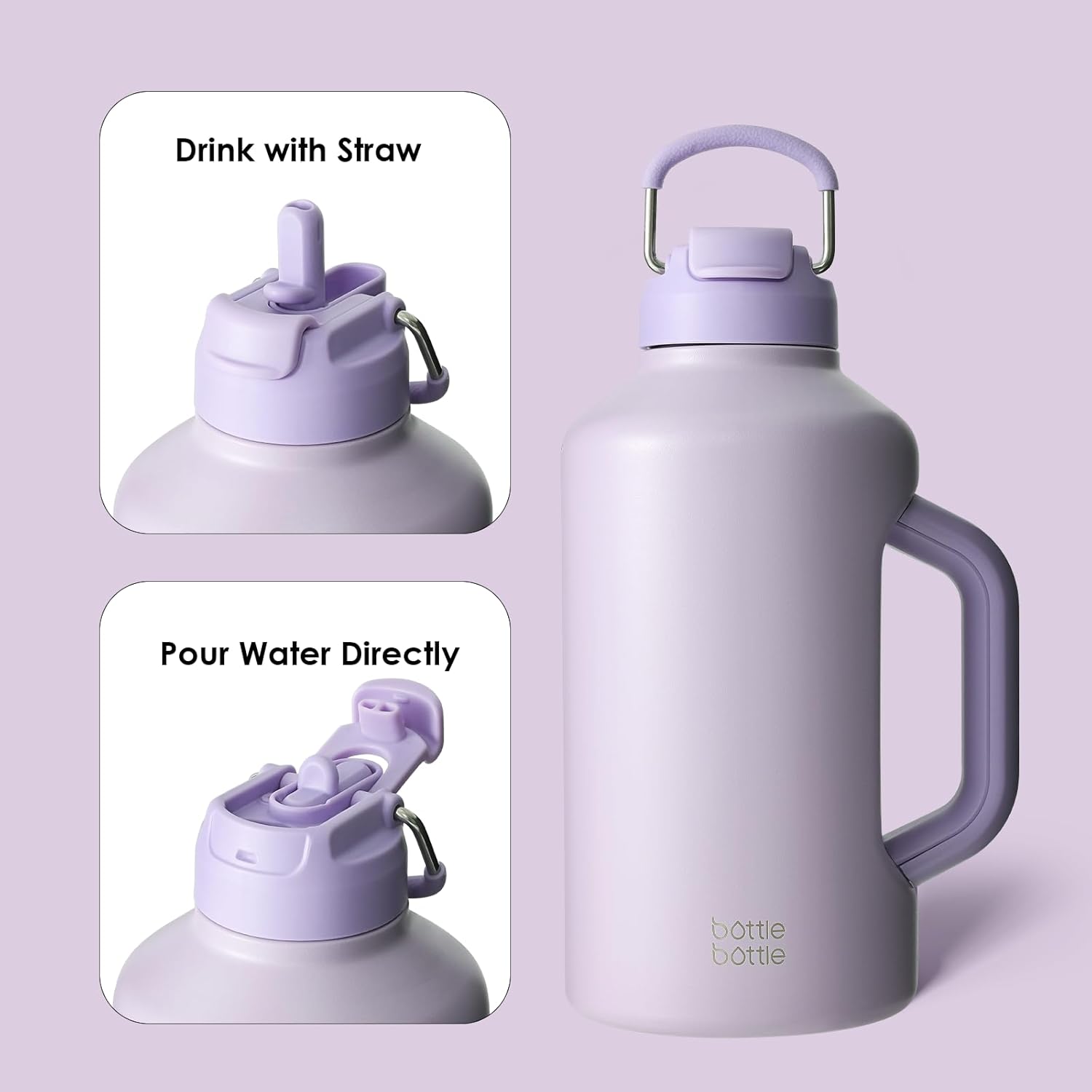 Thumbnail 3 de BOTTLE BOTTLE Isolierte Wasserflasche – doppelter Deckel, Strohhalm, 64 Unzen, Edelstahl – violett
