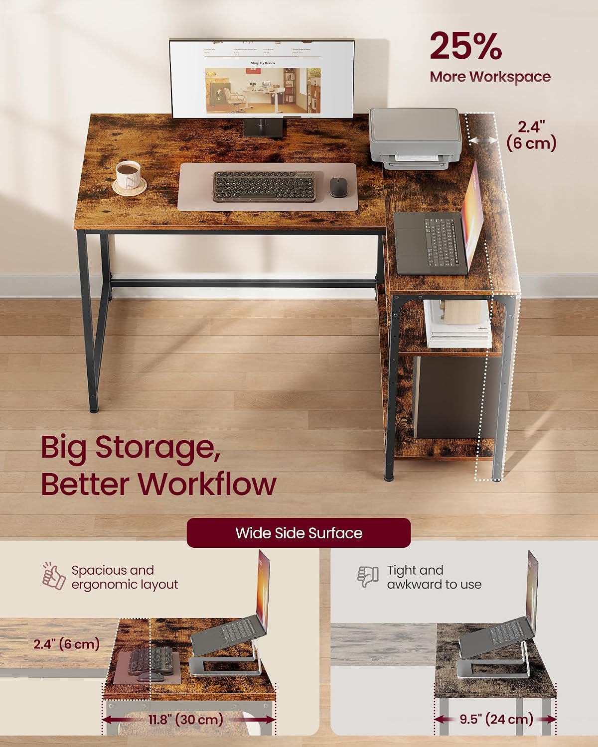 Thumbnail 3 de VASAGLE L Shaped Corner Desk 110x80 cm