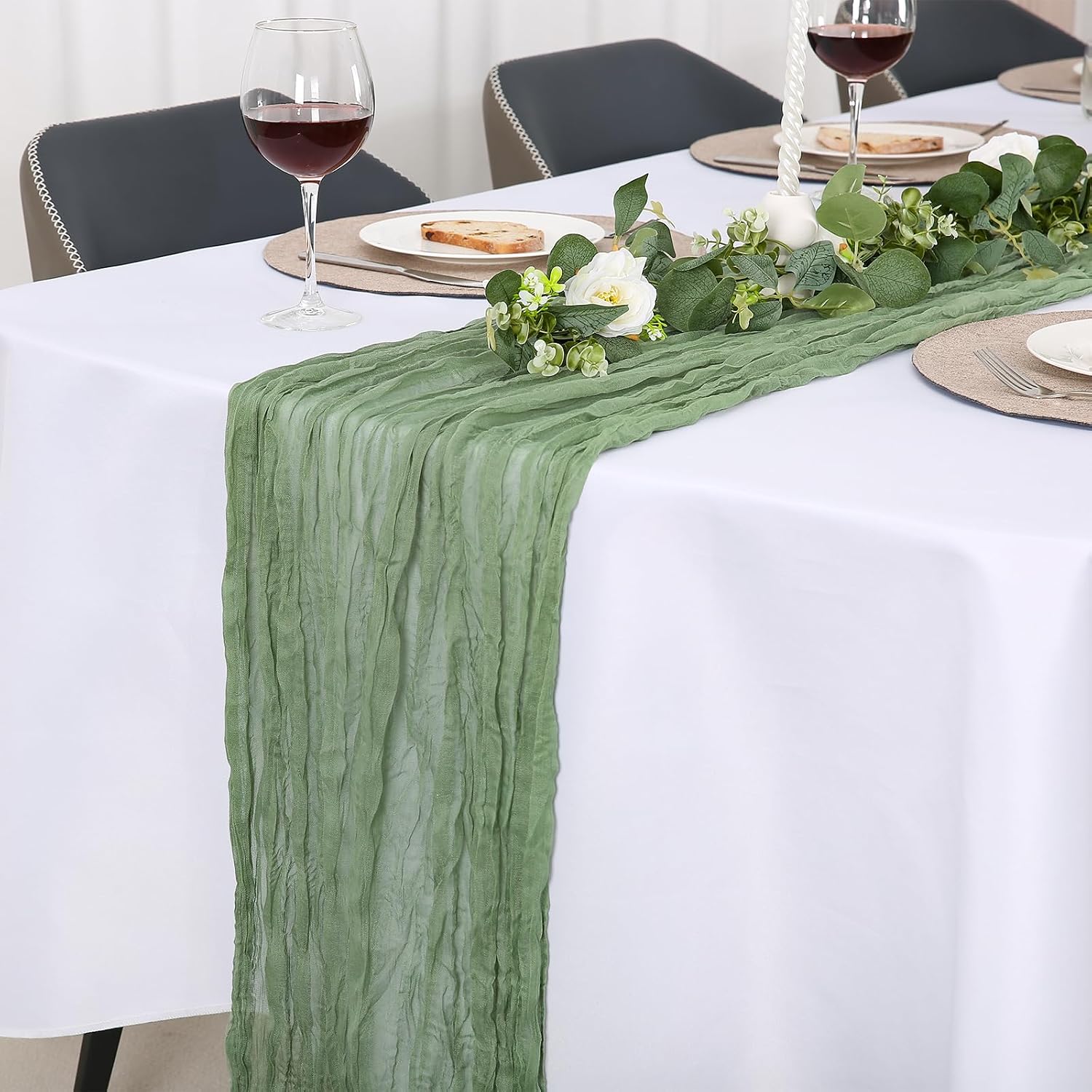 Jumdast Käsetuch Tischläufer Boho (Salbeigrün) aus Musselin/Chiffon, abwaschbar & wetterfest, 90 x 300 cm (2er-Set)