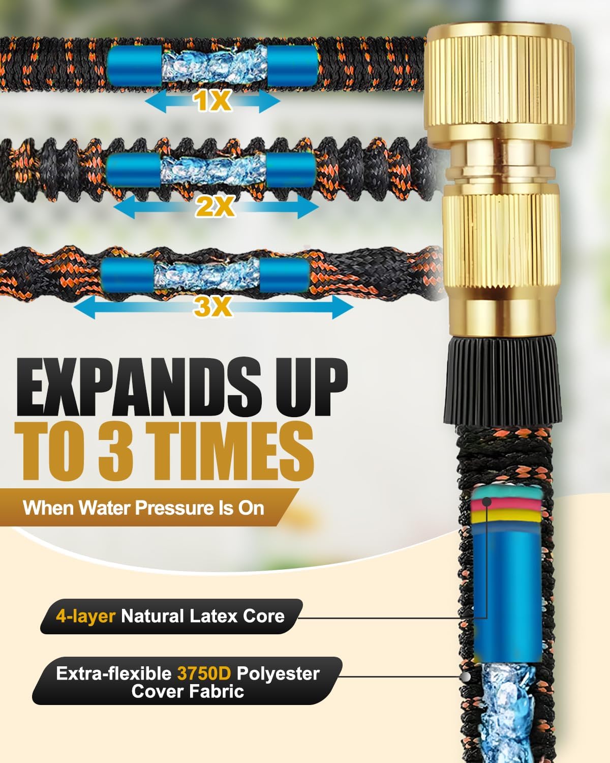 Thumbnail 2 de 150FT Expandable Garden Hose with 10-Pattern Nozzle and Brass Fittings