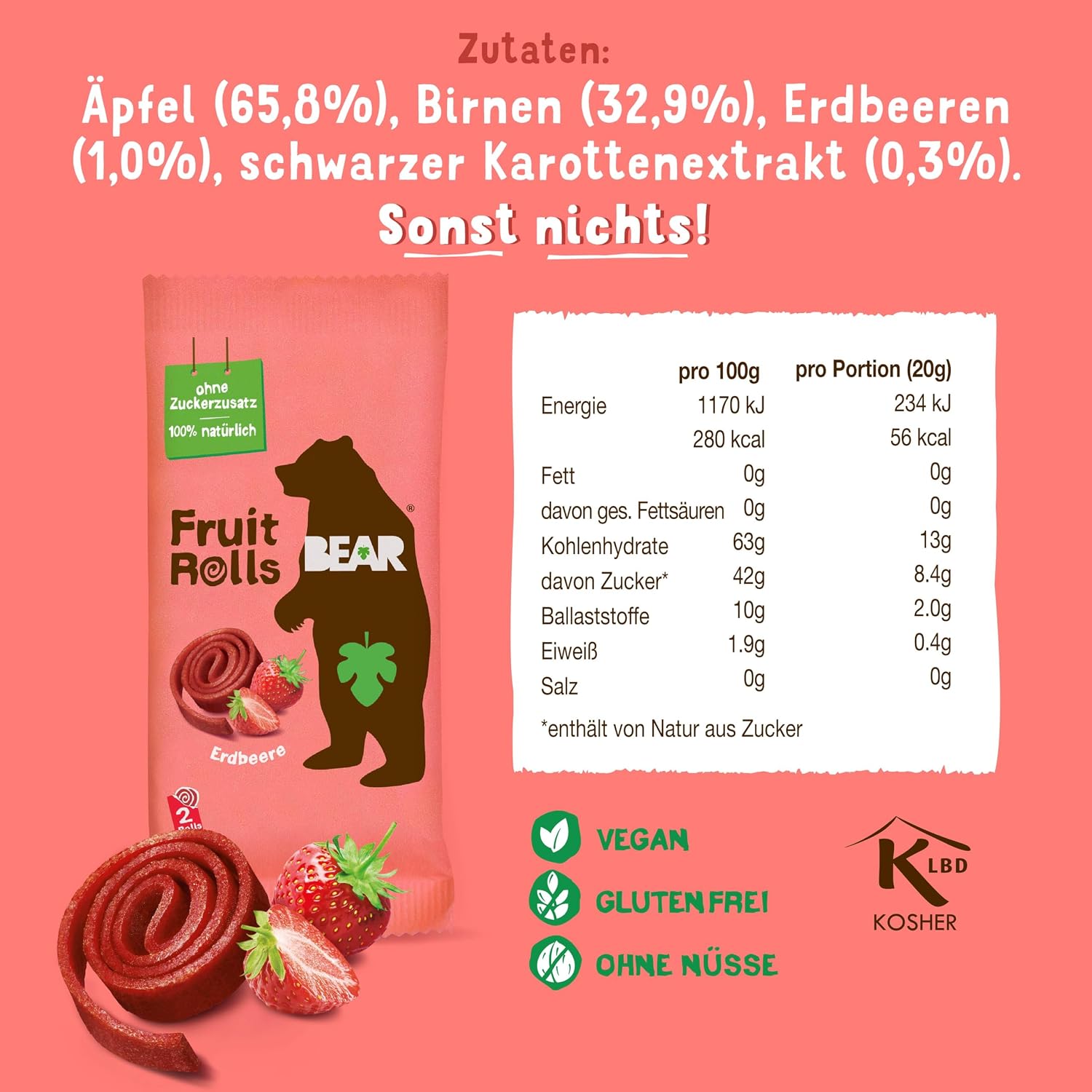 Detalle 2 de BEAR Fruchtrollen Erdbeere – 100% Frucht, kein Zuckerzusatz, 18 Beutel à 20 g