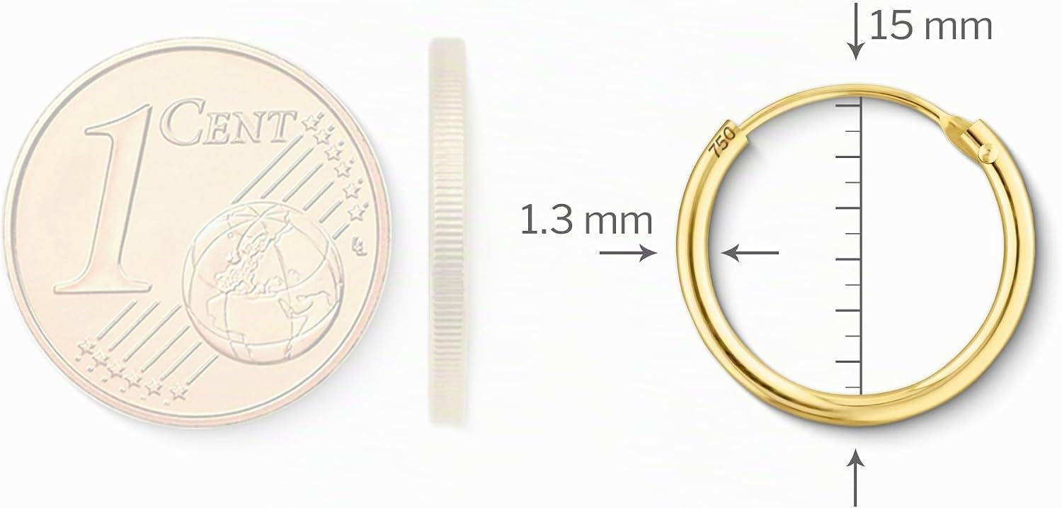 Detalle de EDELIND Élégantes Boucles d'Oreilles Femme Or Jaune 18k (750) – Créoles Ø15 mm, 1,3 mm