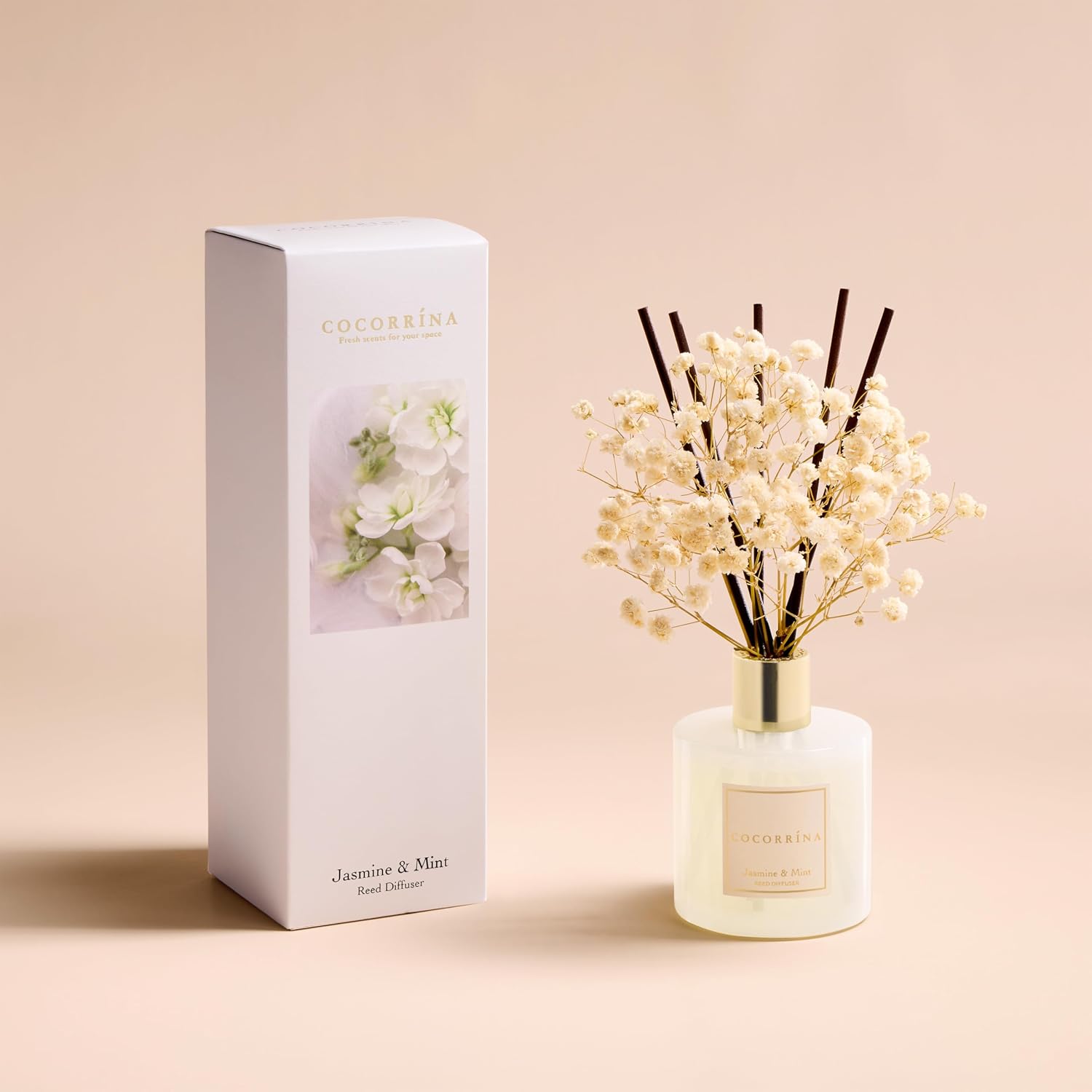 Detalle de COCORRÍNA Raumduft Reed Diffuser Jasmine & Mint 200 ml – langanhaltend, mit 8 Duftstäbchen