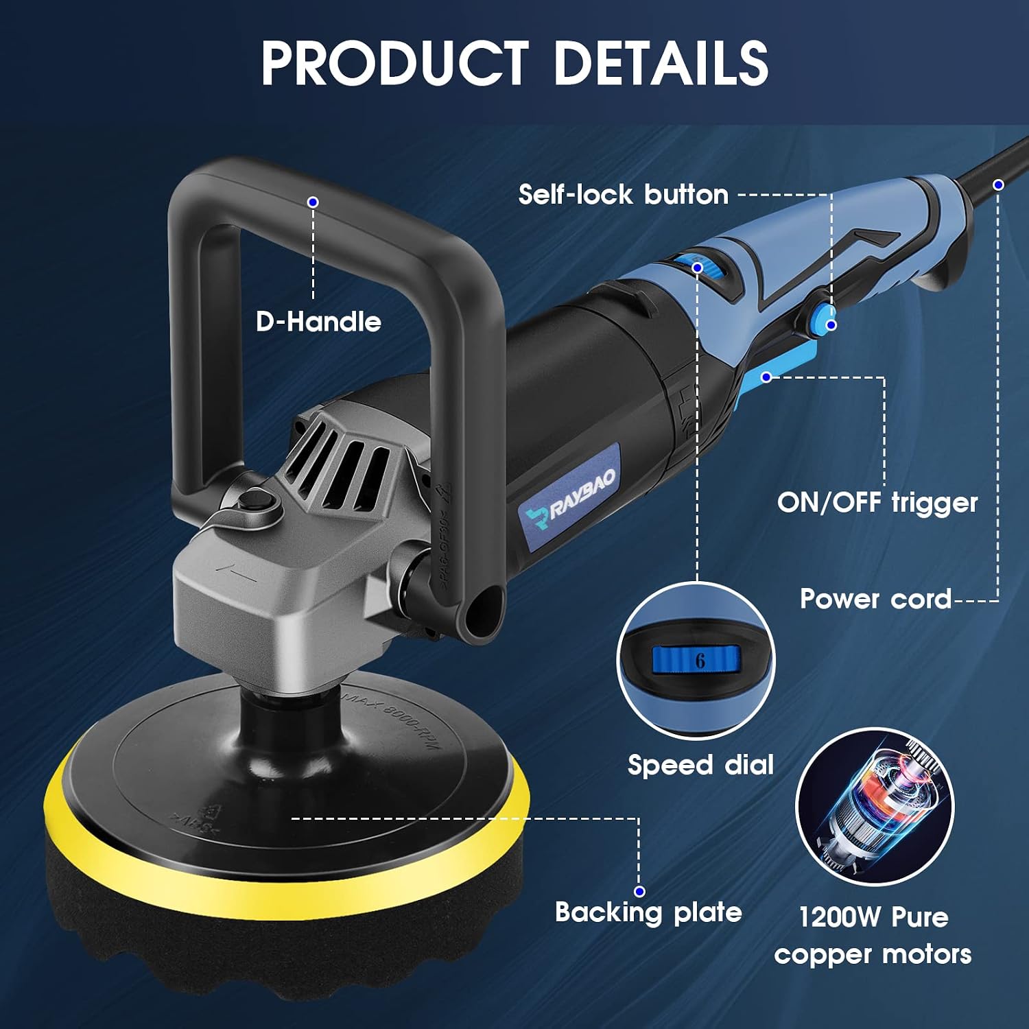 Detalle 2 de RAYBAO Car Polisher: 6/7-Inch, 1200W Rotary Polisher with 6 Speeds and Dual Handles