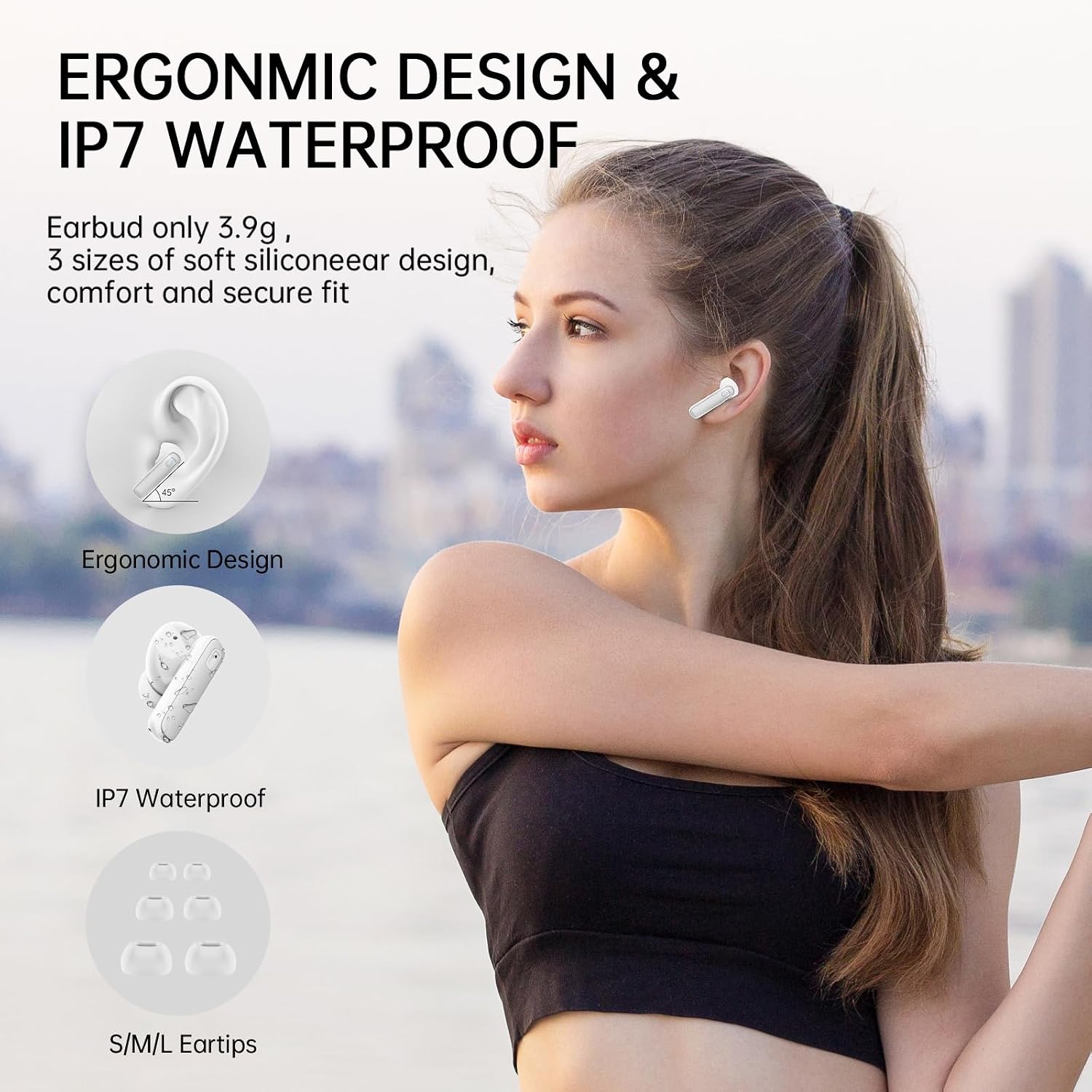 Detalle de Ordtop Cuffie Bluetooth 5.3 con LED Display, IP7, 40 Ore di Riproduzione – Auricolari wireless 4 HD ENC